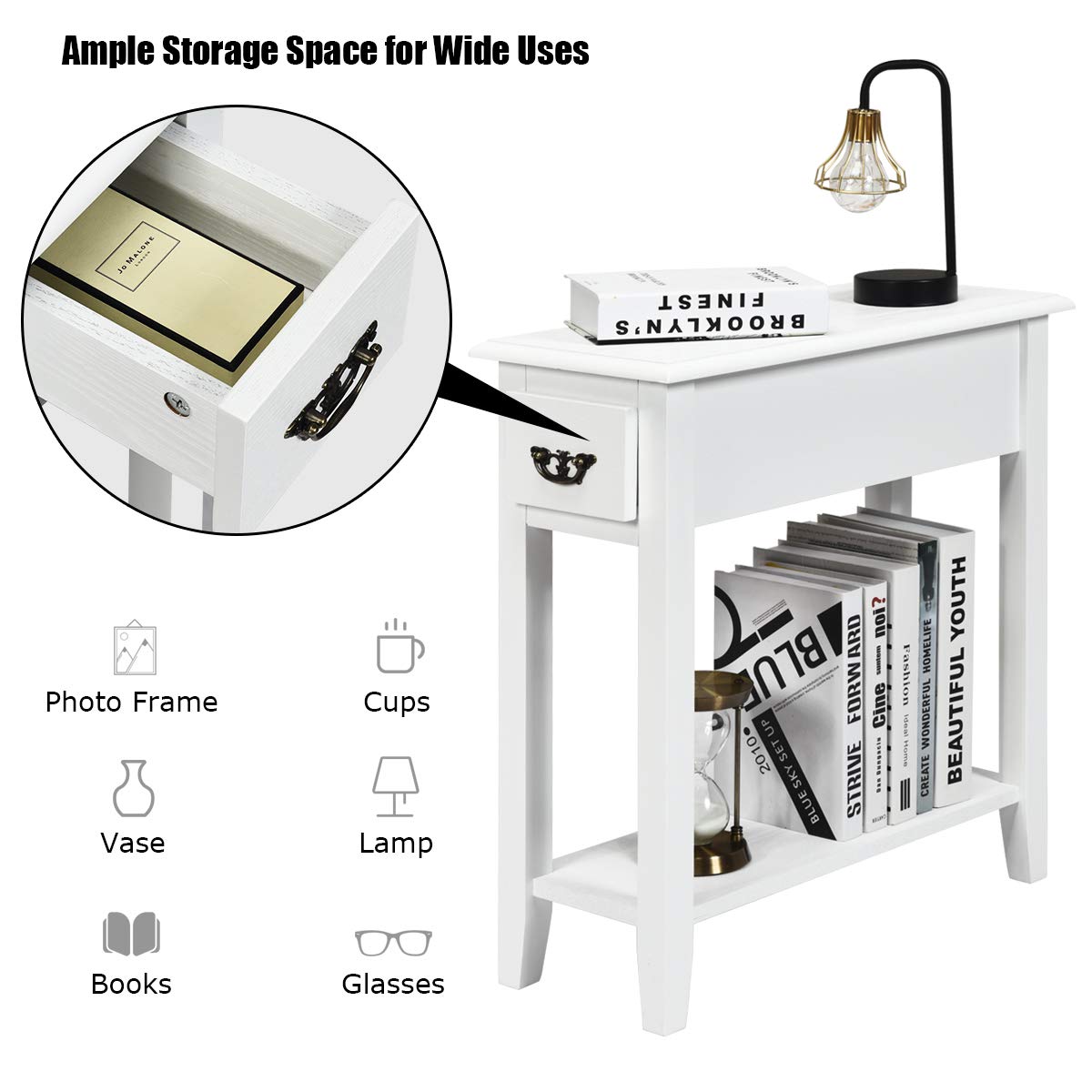 Tangkula Slim Narrow End Table with Drawer & Open Shelf - Small Space-Saving Side Table for Living Room, Bedroom, Nightstand - 9.8 x 23.6 x 23.6 Inches (White) - Perfect for Apartments, Dorms & Tight Spaces