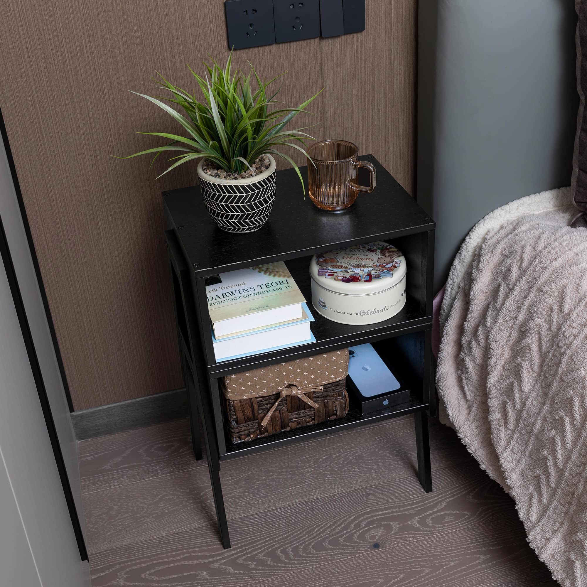 Forevich Stackable Bamboo End Tables - Set of 2 Black Nightstands for Bedroom, Living Room | Space-Saving Side Tables for Small Apartments, Dorm Rooms & Home Office