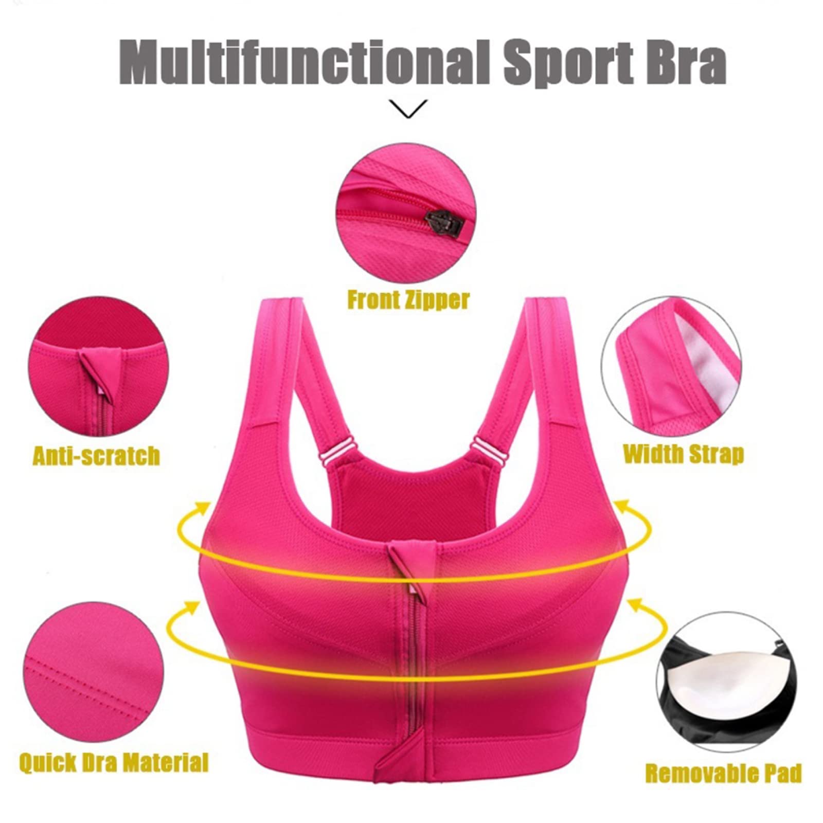 Plus Size Women's High Impact Front Zip Sports Bra - Adjustable Straps & Padded Support for Yoga, Running, Gym Workouts & High-Intensity Training