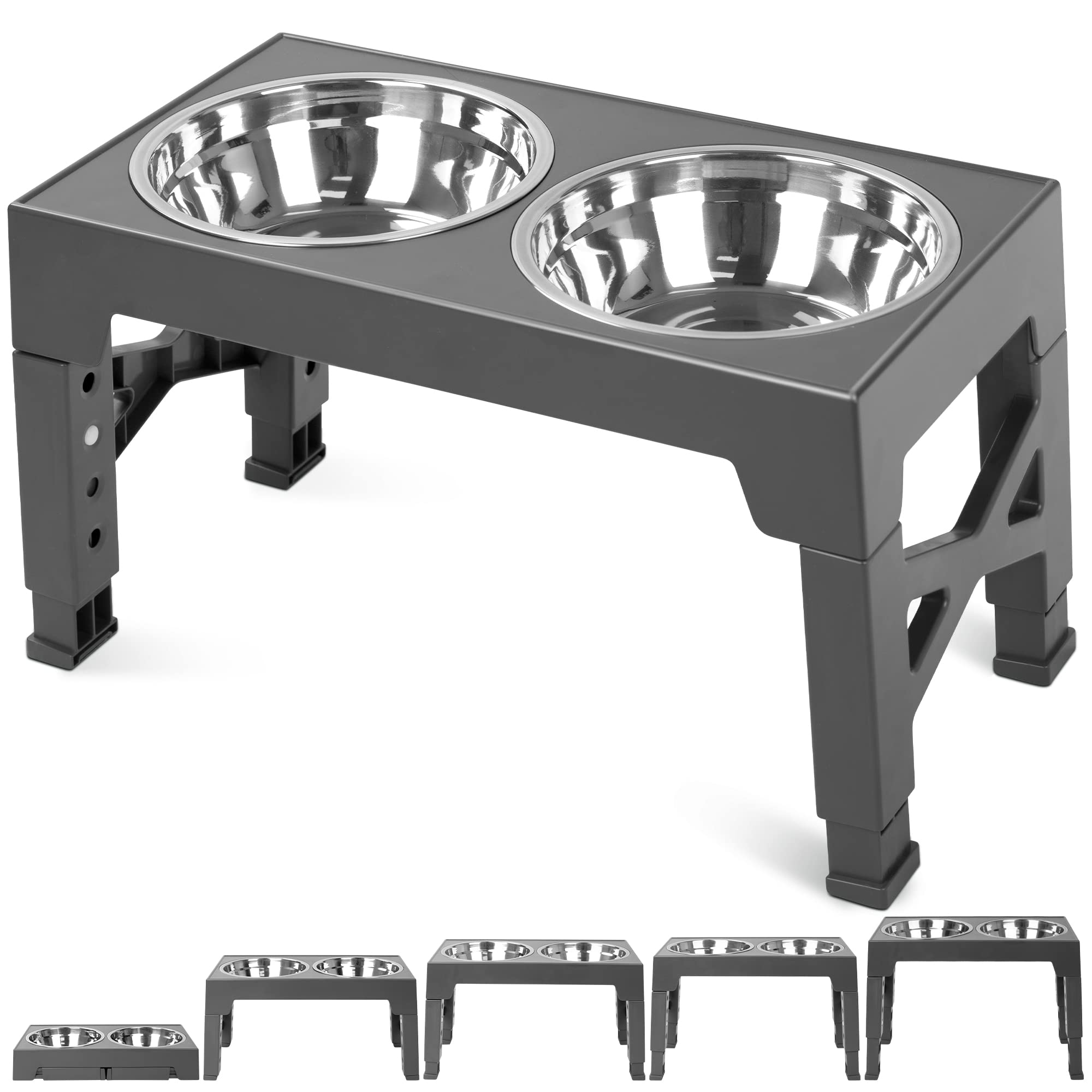 Elevated Dog Bowls Stand with 2 Stainless Steel Food Bowls - Adjustable Height (3.15