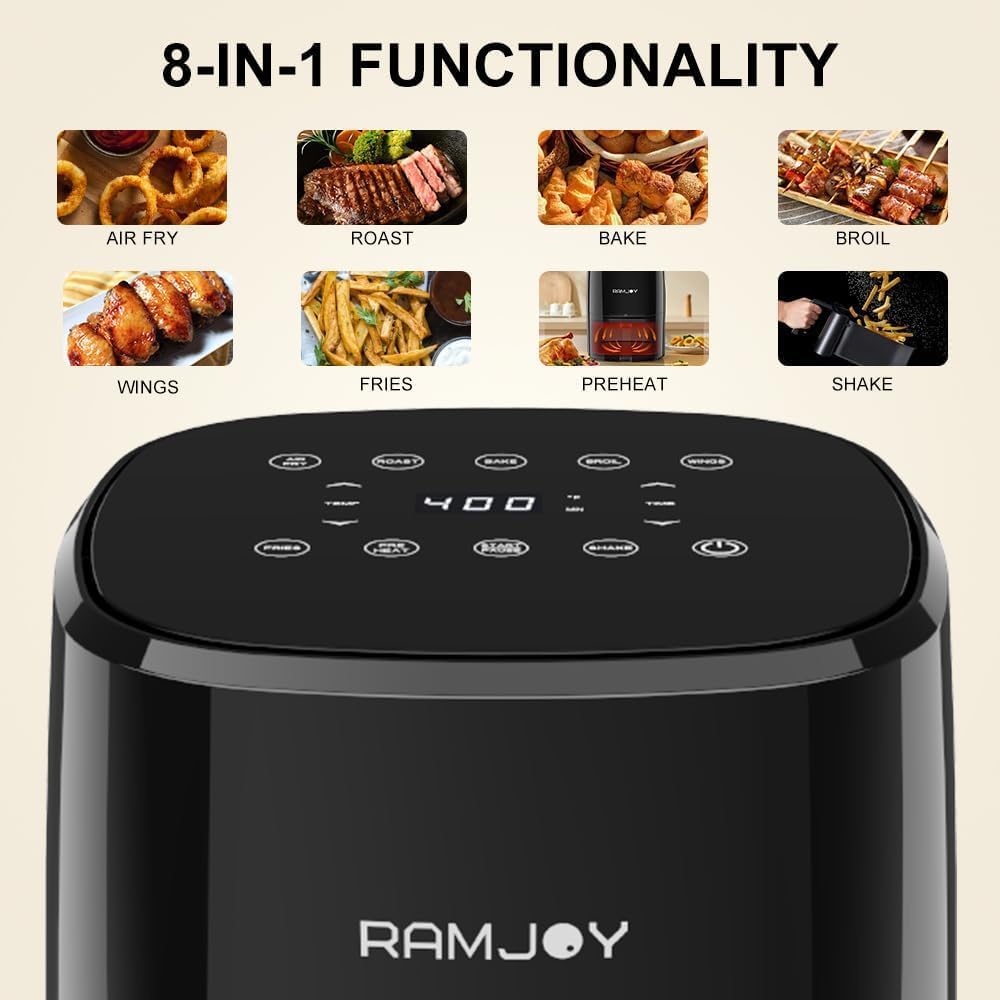3.8QT Digital Air Fryer for 1-2 People - 8-in-1 Functions (Air Fry, Roast, Bake, Broil) with Preheat & Shake Reminder, Nonstick Dishwasher-Safe Basket - Compact Black Air Fryer for Healthy Cooking, Small Kitchen & Apartment Living