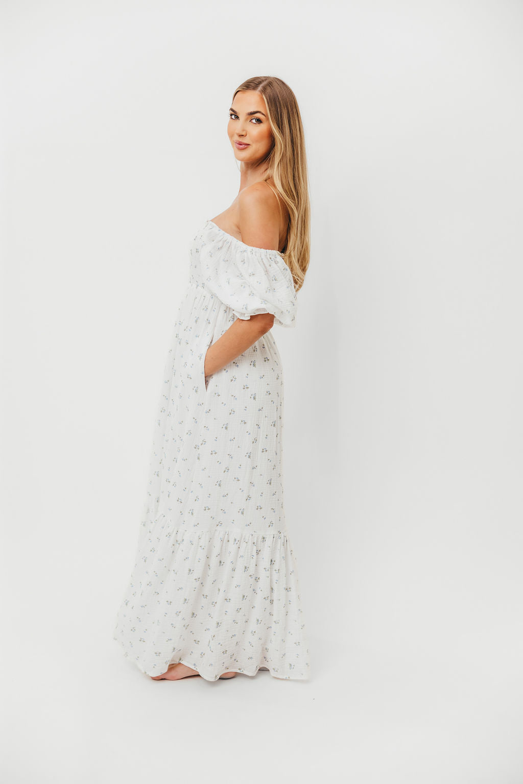 Livvy 100% Cotton Maxi Dress - Off White & Blue Floral Print, Women's Summer Beach Dress for Vacation, Party & Casual Wear