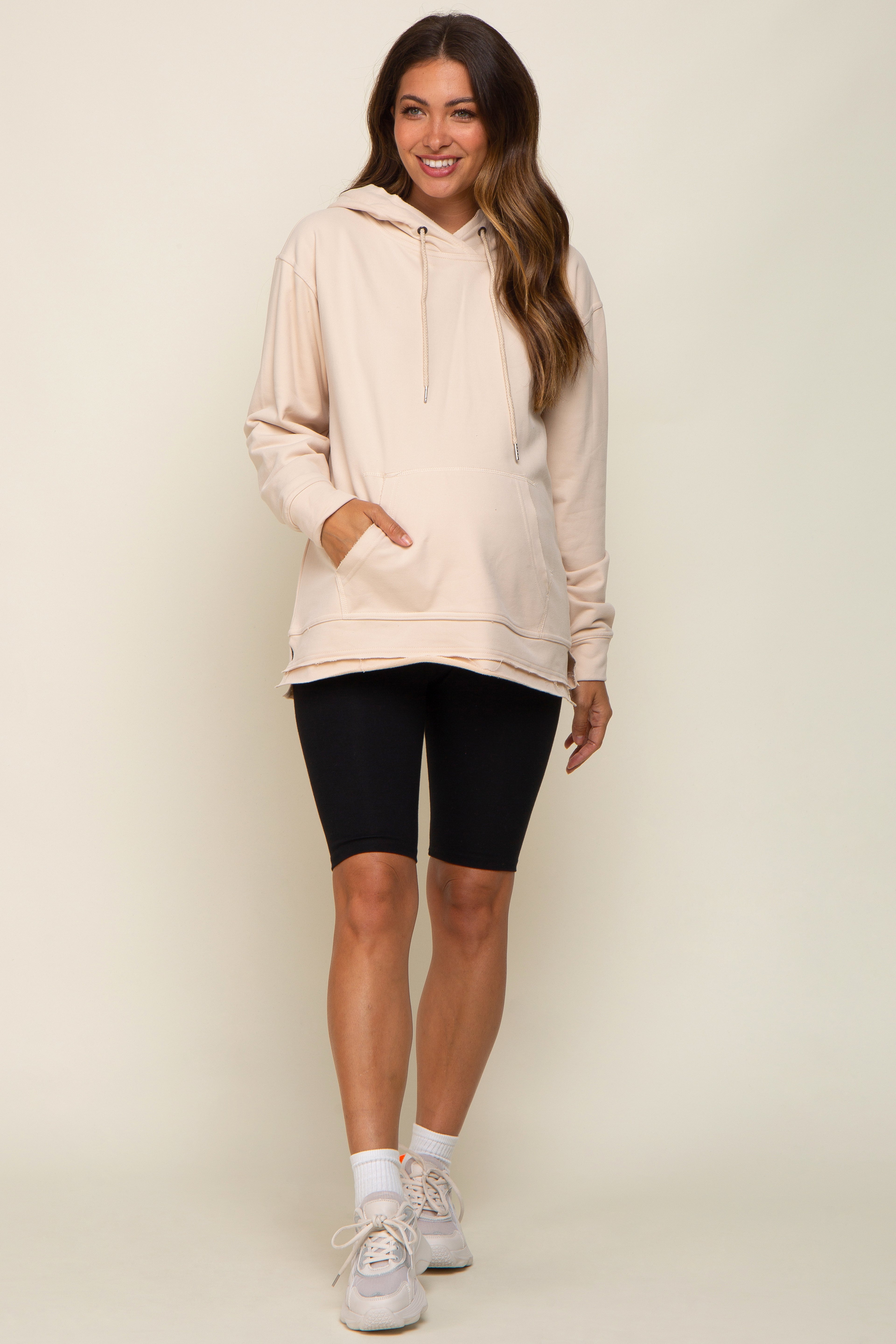 Beige Raw Hem Maternity Hooded Sweatshirt - Soft Cotton Oversized Pullover for Pregnant Women | Perfect for Casual Wear, Pregnancy Photos & Relaxing at Home