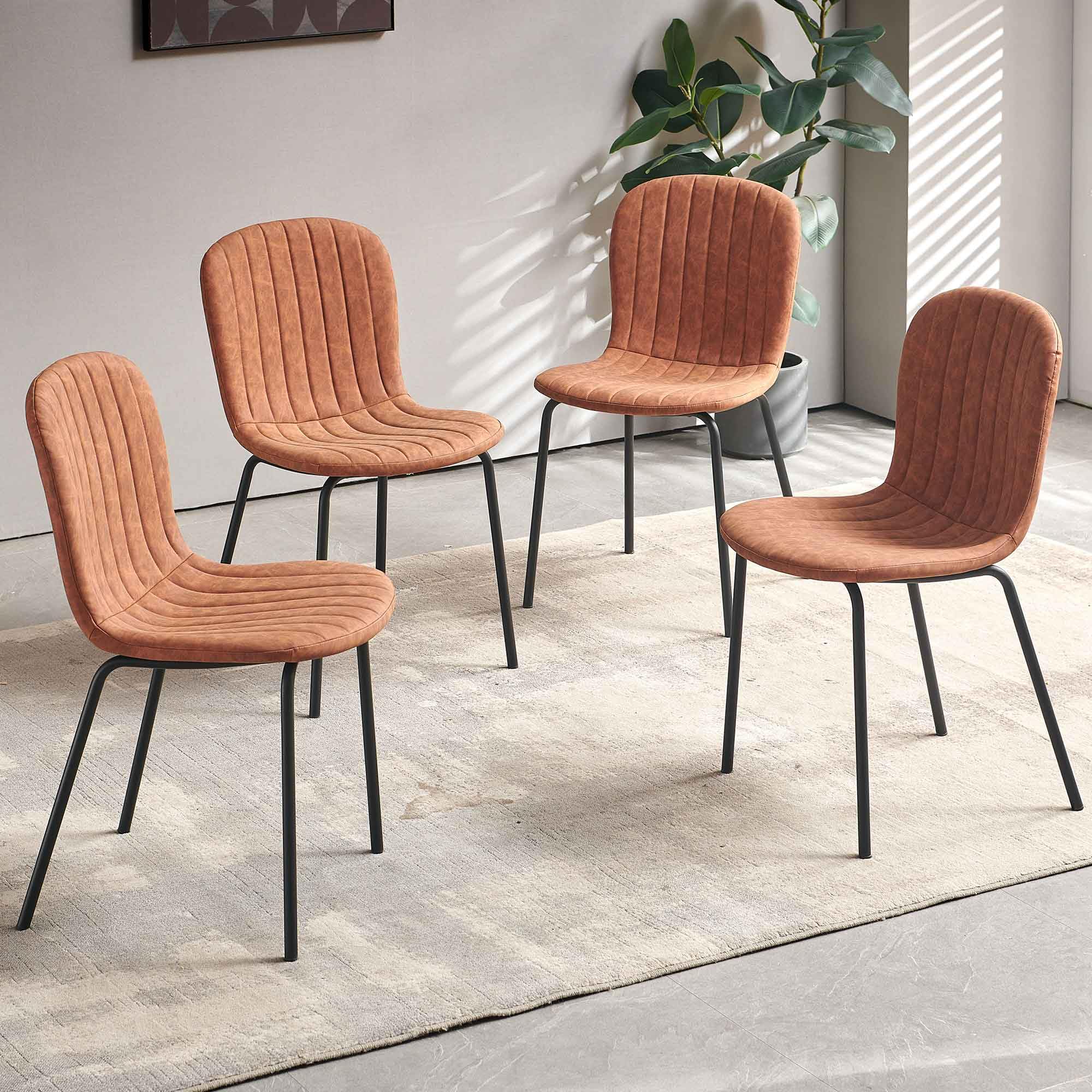 4 Upholstered Dining Chairs Set - Vintage Faux Leather PU Kitchen Chairs with Metal Legs, Mid-Century Modern Accent Chairs for Dining Room, Vanity, Living Room & Home Office Decor