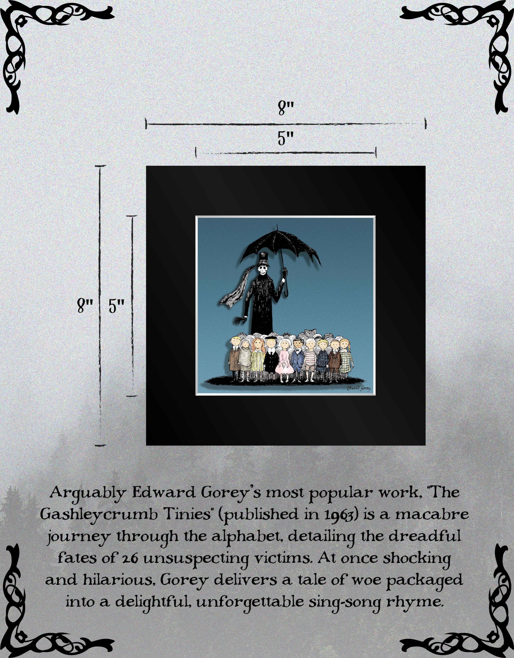 Arcane Vault - Edward Gorey The Gashlycrumb Tinies 3D Laser Cel™ | Unique Wall Art & Home Decor | Matted Mylar Artwork for Living Room, Bedroom, Office | Framed Aesthetic Pictures for Gothic Interior Design
