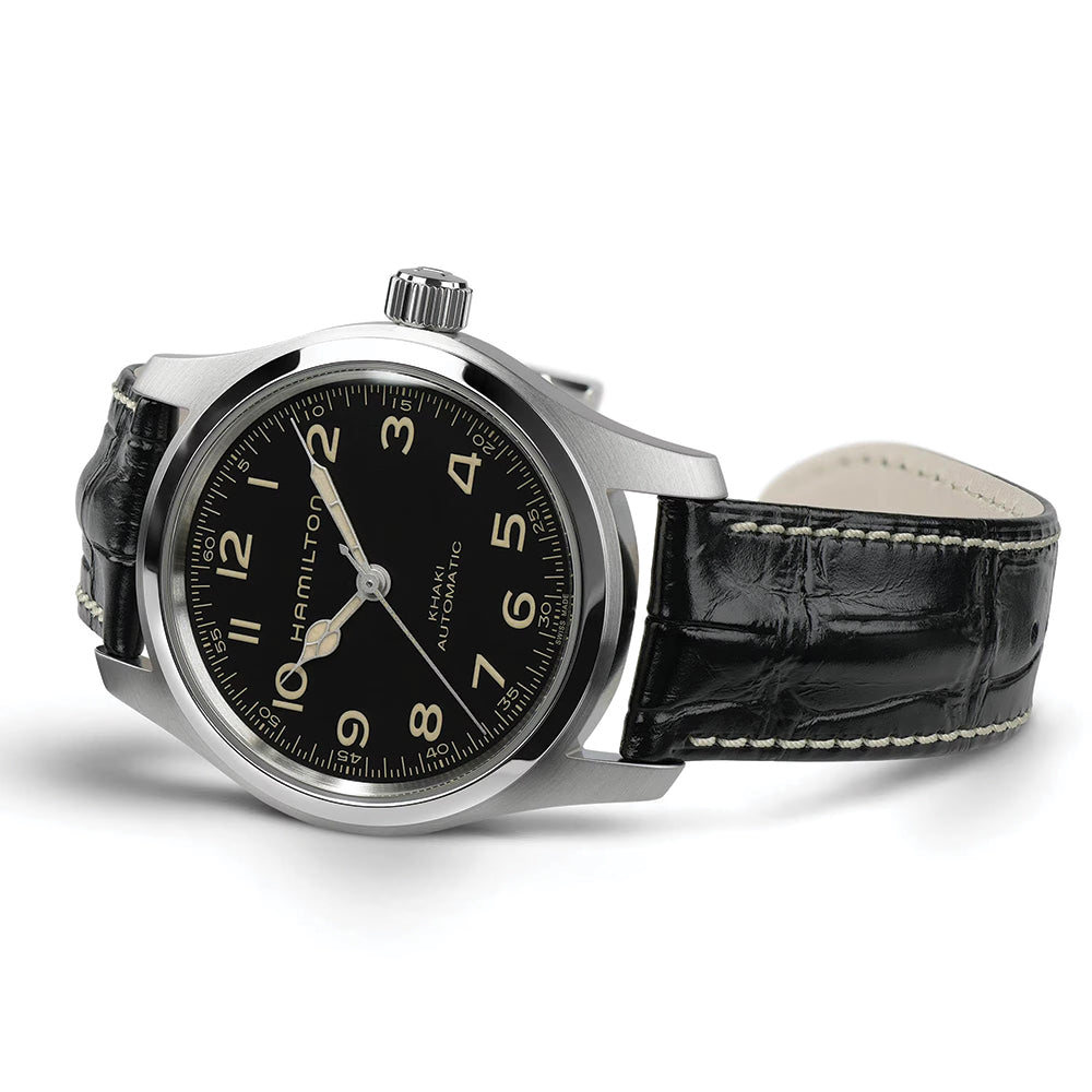 Hamilton Khaki Field Murph 42mm Automatic Men's Watch - Black Dial with Genuine Leather Strap - Military Inspired Timepiece for Outdoor, Casual & Office Wear - Standard Packaging Included