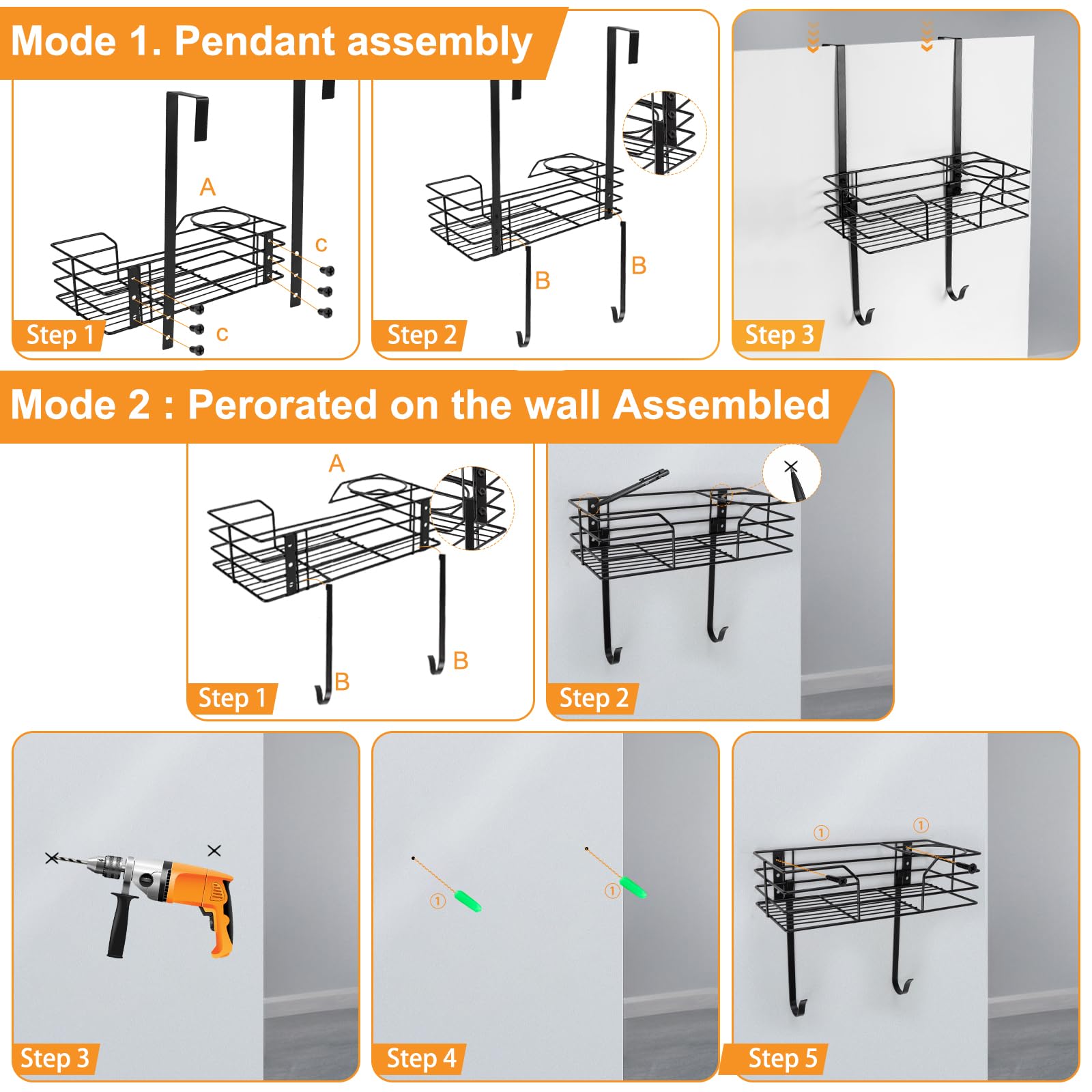 Wall Mount Ironing Board Holder with Hair Dryer Hanger - Space Saving Iron Board Organizer for Laundry Room, Closet & Bathroom - Black