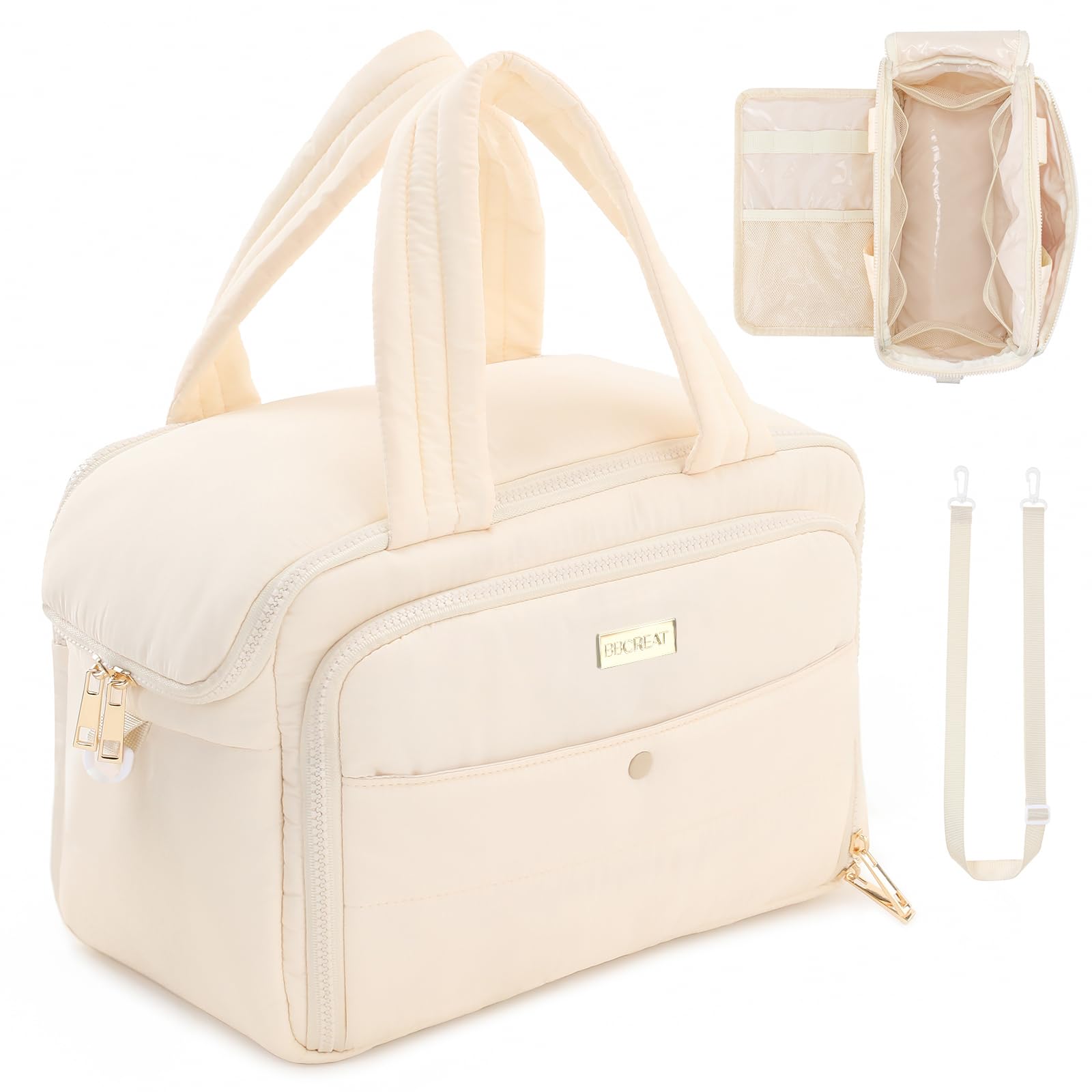 Premium Large Travel Toiletry Bag for Women - Waterproof Cosmetic Organizer with Wide Handle & Adjustable Shoulder Strap, XL Makeup Bag with Dry-Wet Separation - Ideal for Vacation, Gym, Business Trips & Daily Essentials (Cream)