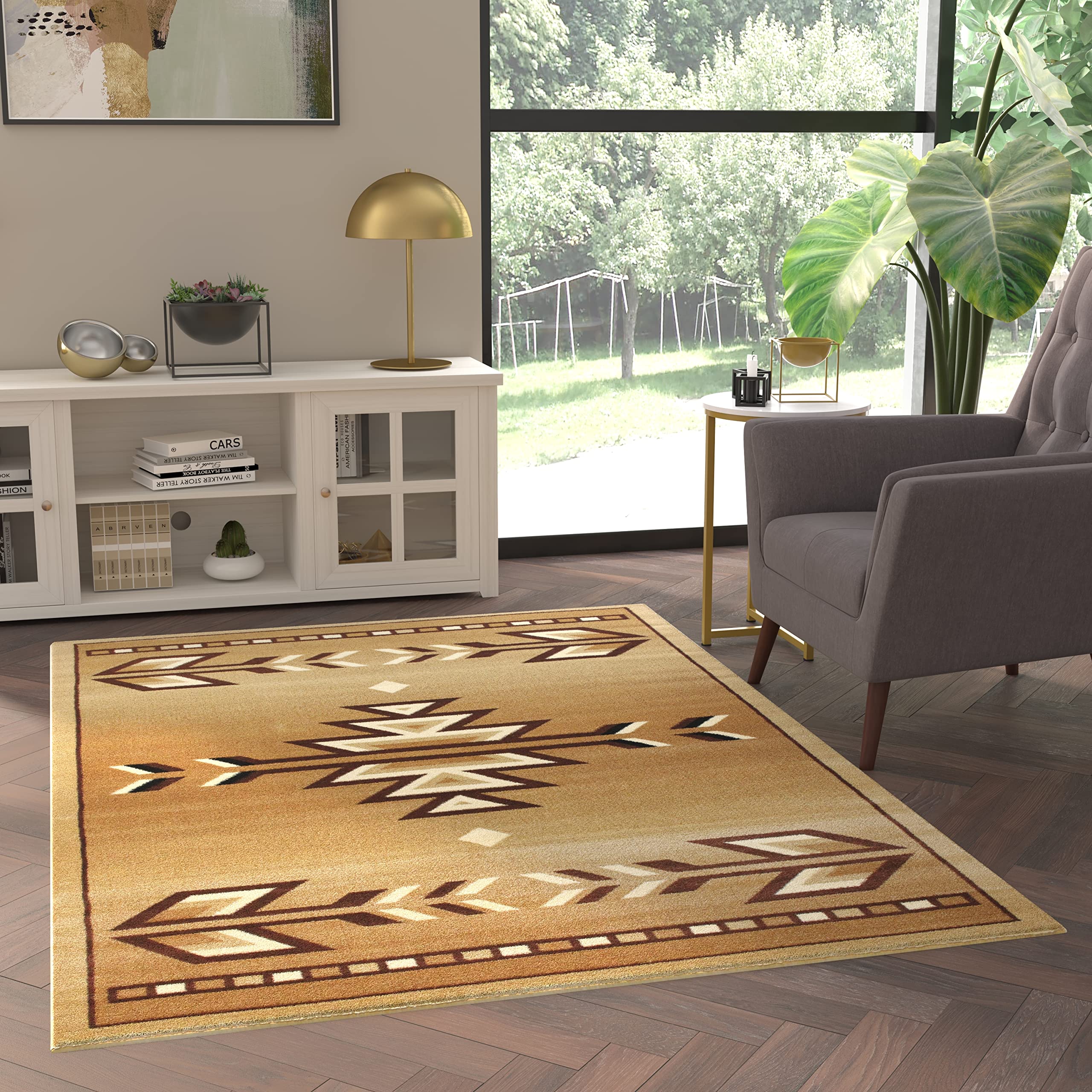 EMMA + OLIVER Reno Olefin Accent Rug - Southwestern Geometric Arrow Design in Brown, Black, Beige & Ivory - 4x5 Feet - Moisture & Stain Resistant - Jute Backing - Perfect for Living Room, Bedroom or Entryway Decor