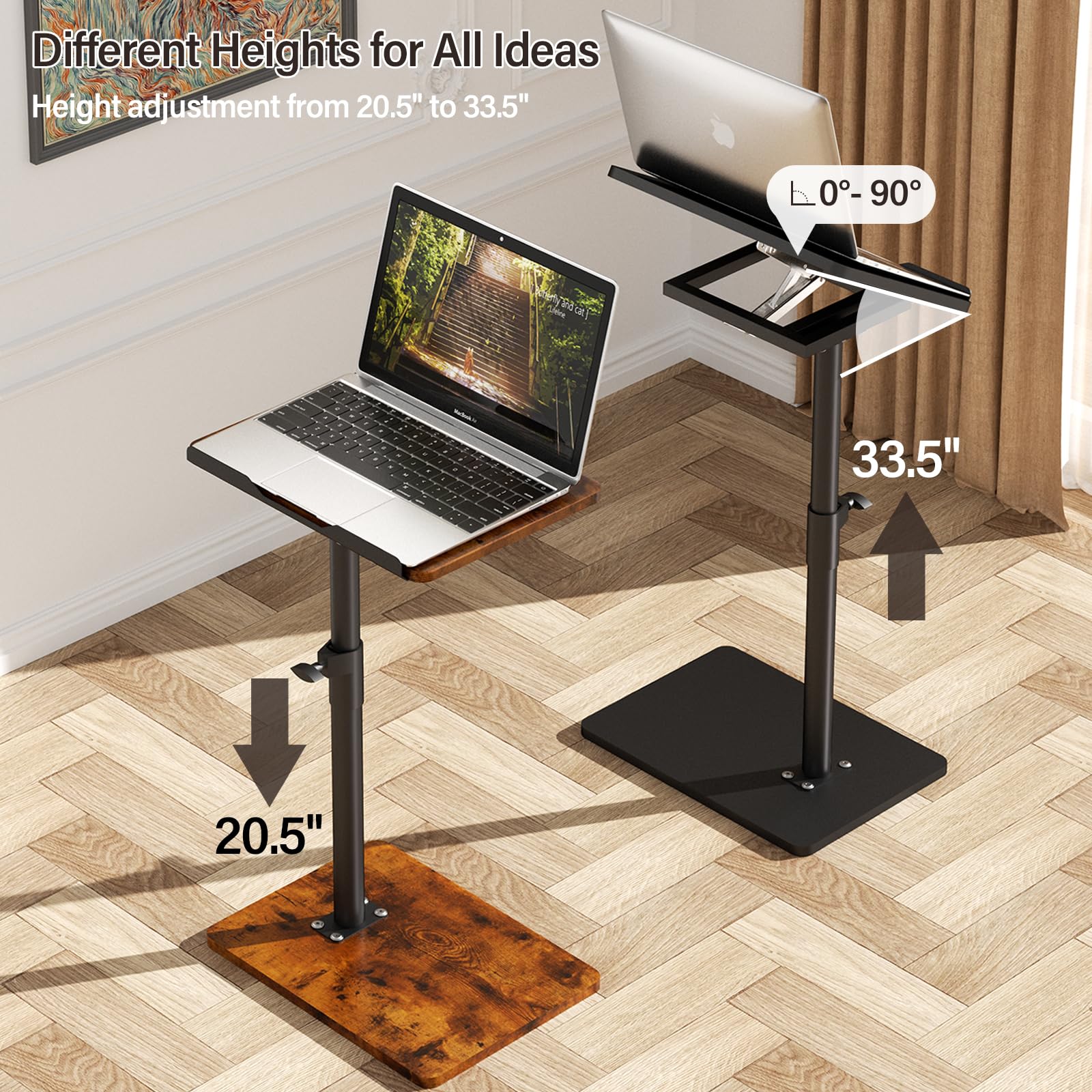 360° Swivel Adjustable Couch Armrest Tray Table - Height Adjustable Side Table for Sofa, Bed & Chair with Phone/Tablet Slot - Perfect for Snacking, Reading & Working in Small Spaces (Rich Finish, Angle Adjustable)