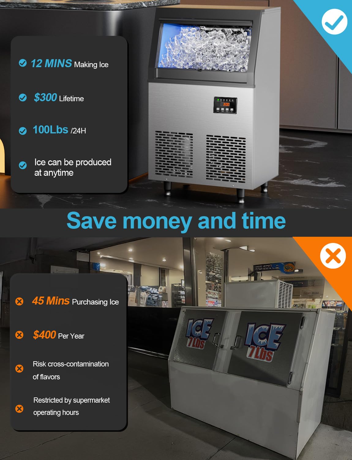 Commercial Ice Maker Machine 100lbs/24H, 34lbs Storage Capacity - Fast Ice Production (45 Cubes in 6-15 Min) - Freestanding Ice Machine for Bars, Restaurants, Offices & Home Use - Perfect for Cocktails, Beverages & Party Events