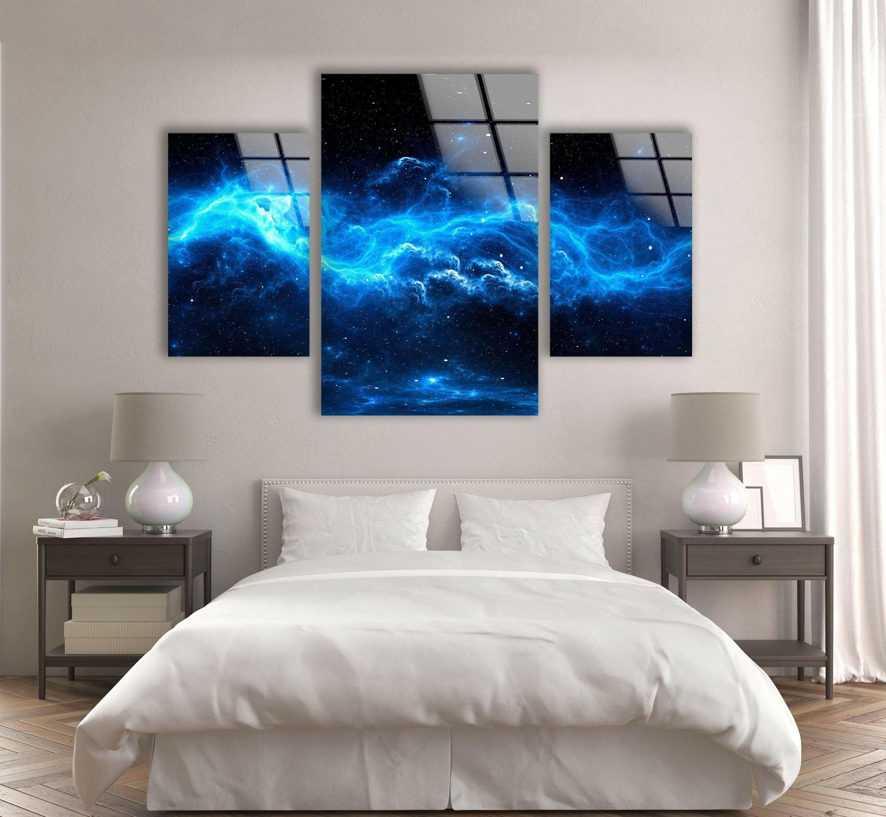 Blue Starry Cloudy Galaxy Glass Wall Art - Handmade Celestial Decor for Living Room, Bedroom & Office - Perfect for Home & Office Décor