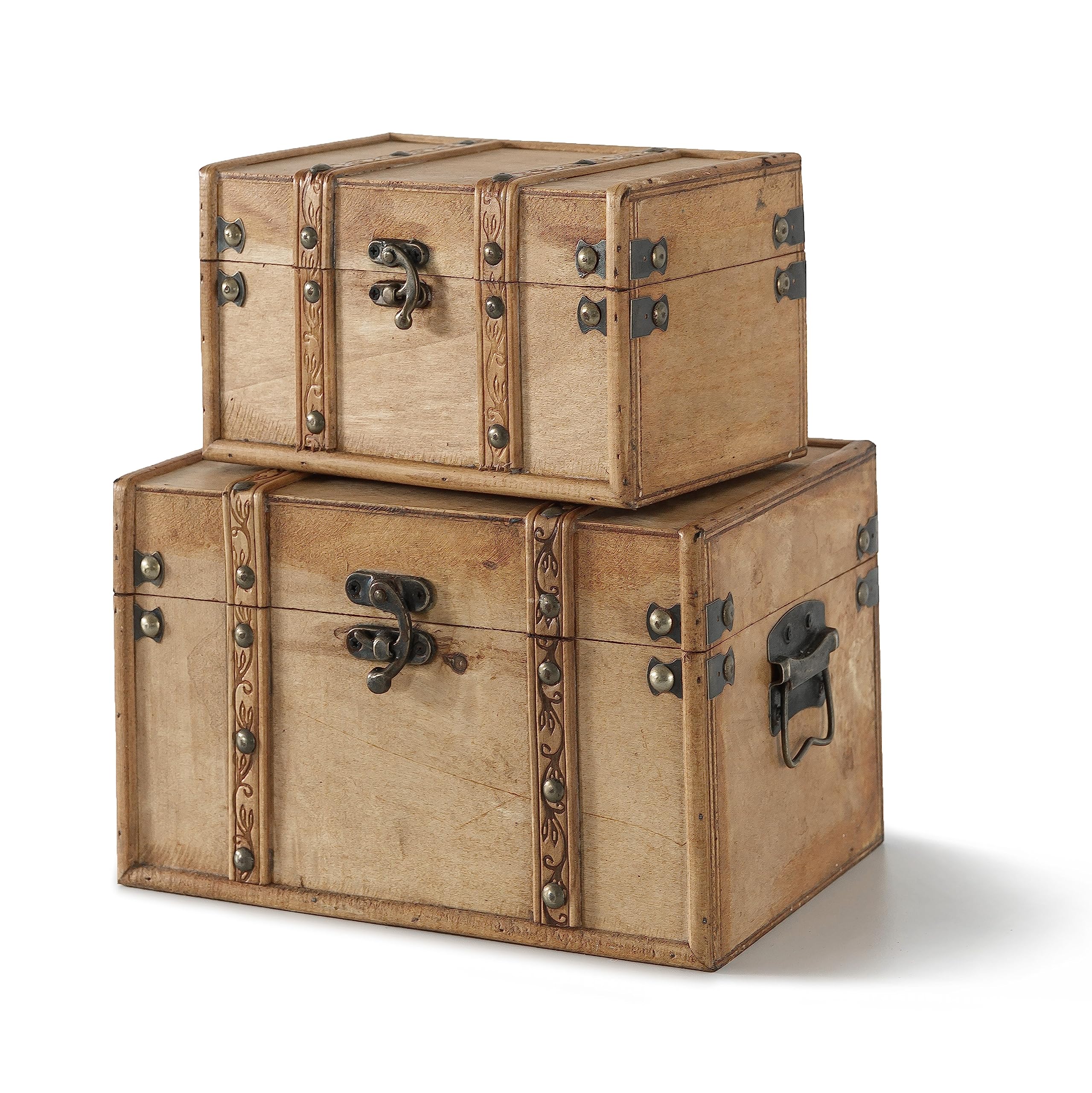 Vintage Wooden Storage Trunks Set of 2 - Antique Decorative Memory Chests for Home Décor, Keepsake & Jewelry Storage | Perfect for Bedroom Organization, Wedding Favors & Vintage Style Home Decor