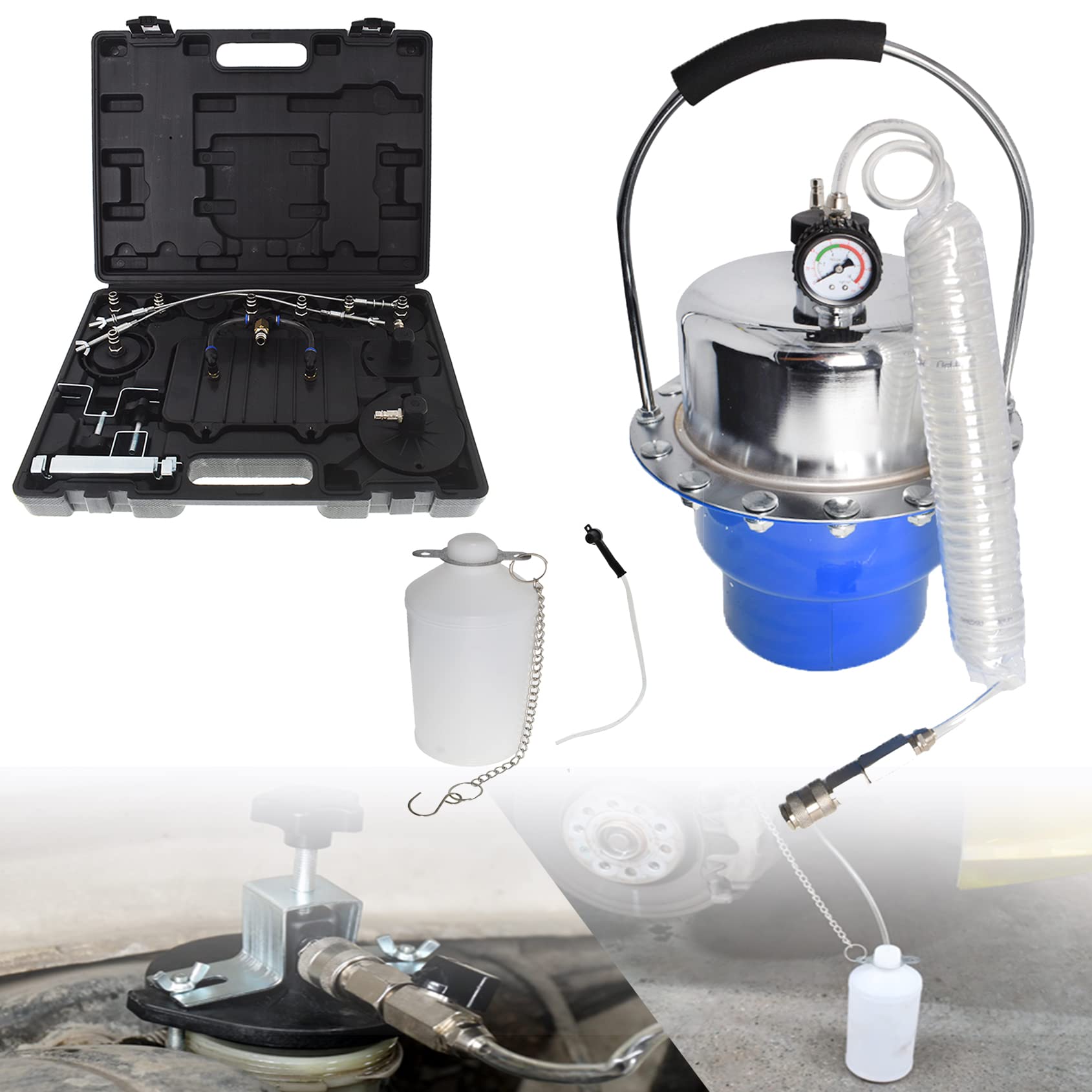 Pneumatic Brake Bleeder Kit - Professional Pressure Bleeder Tool Set with Waste Oil Collection Bottle & Master Cylinder Adapters (10-140 PSI, Blue) - Ideal for Car, Truck & Motorcycle Brake System Maintenance