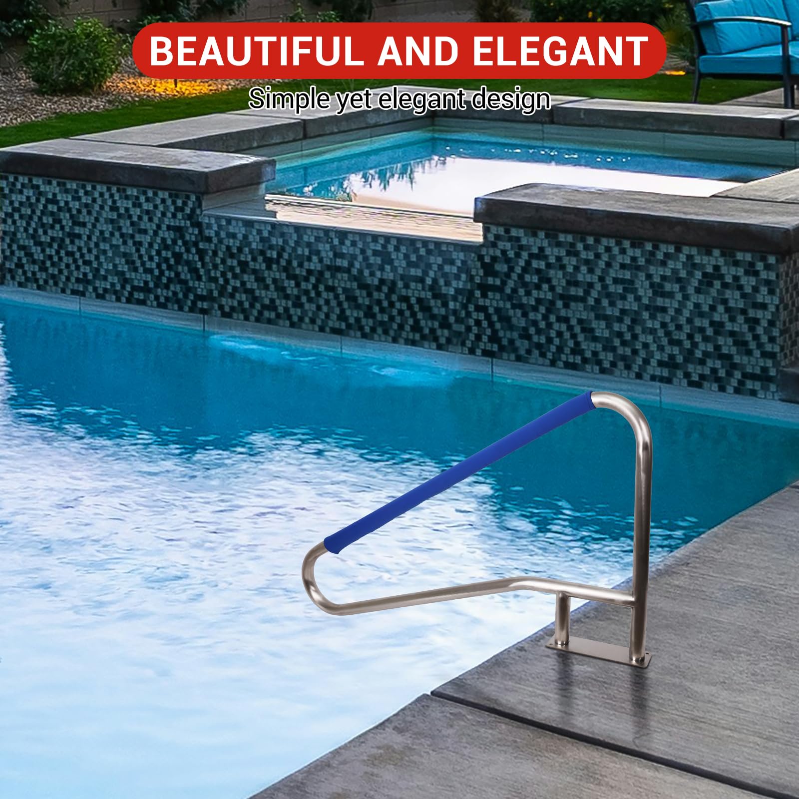 54 x 36 Inch 304 Stainless Steel Swimming Pool Handrail - Rustproof Inground Pool Stair Rail with Blue Non-Slip Grip Cover - Perfect for Pool Safety and Easy Entry/Exit