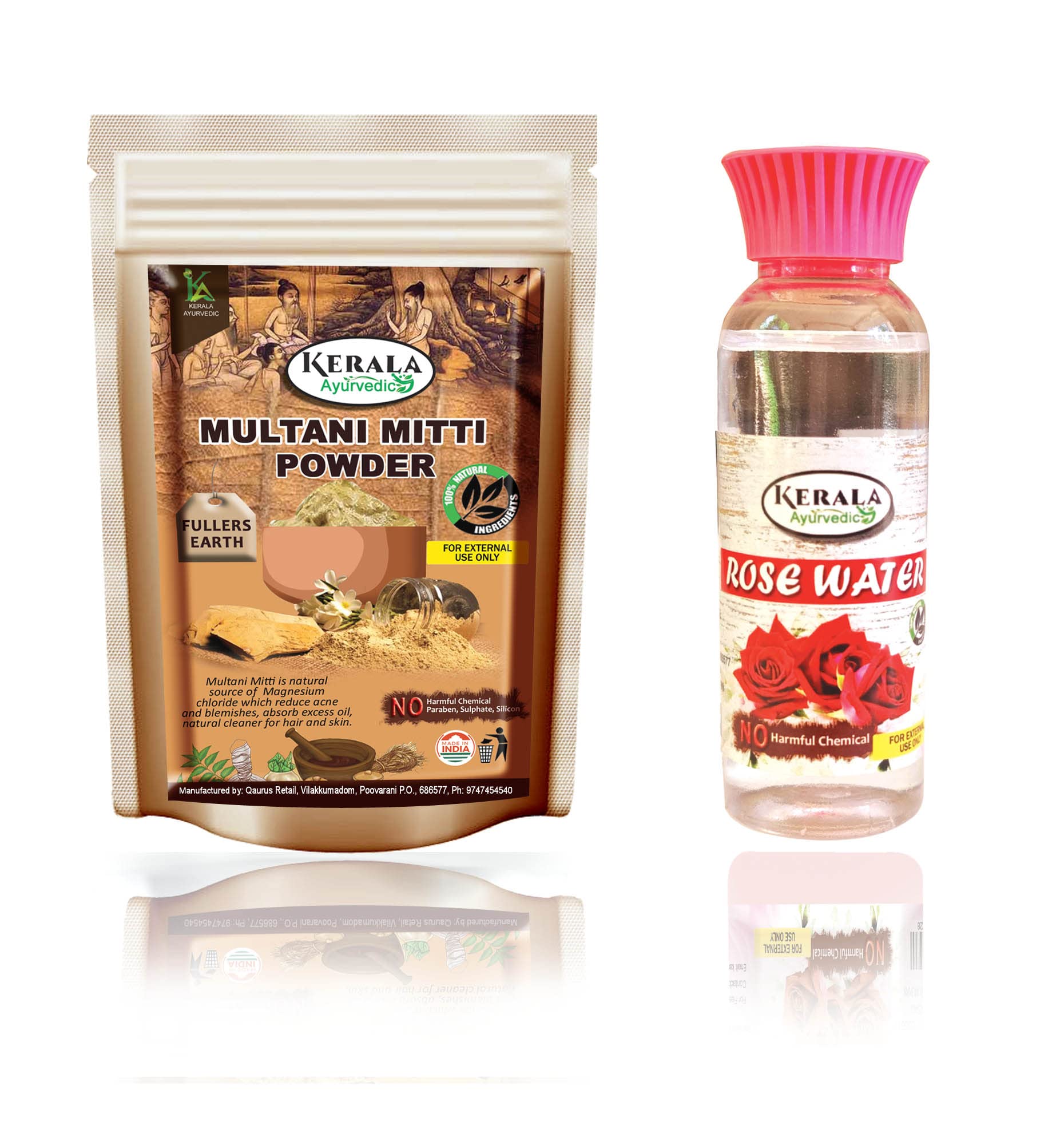Kerala Ayurvedic Pure & Natural Multani Mitti Clay Face Mask Powder for Glowing Skin - 100g with 100ml Rosewater | Deep Cleansing, Oil Control & Skin Brightening | Perfect for Acne-Prone & Oily Skin Care Routine