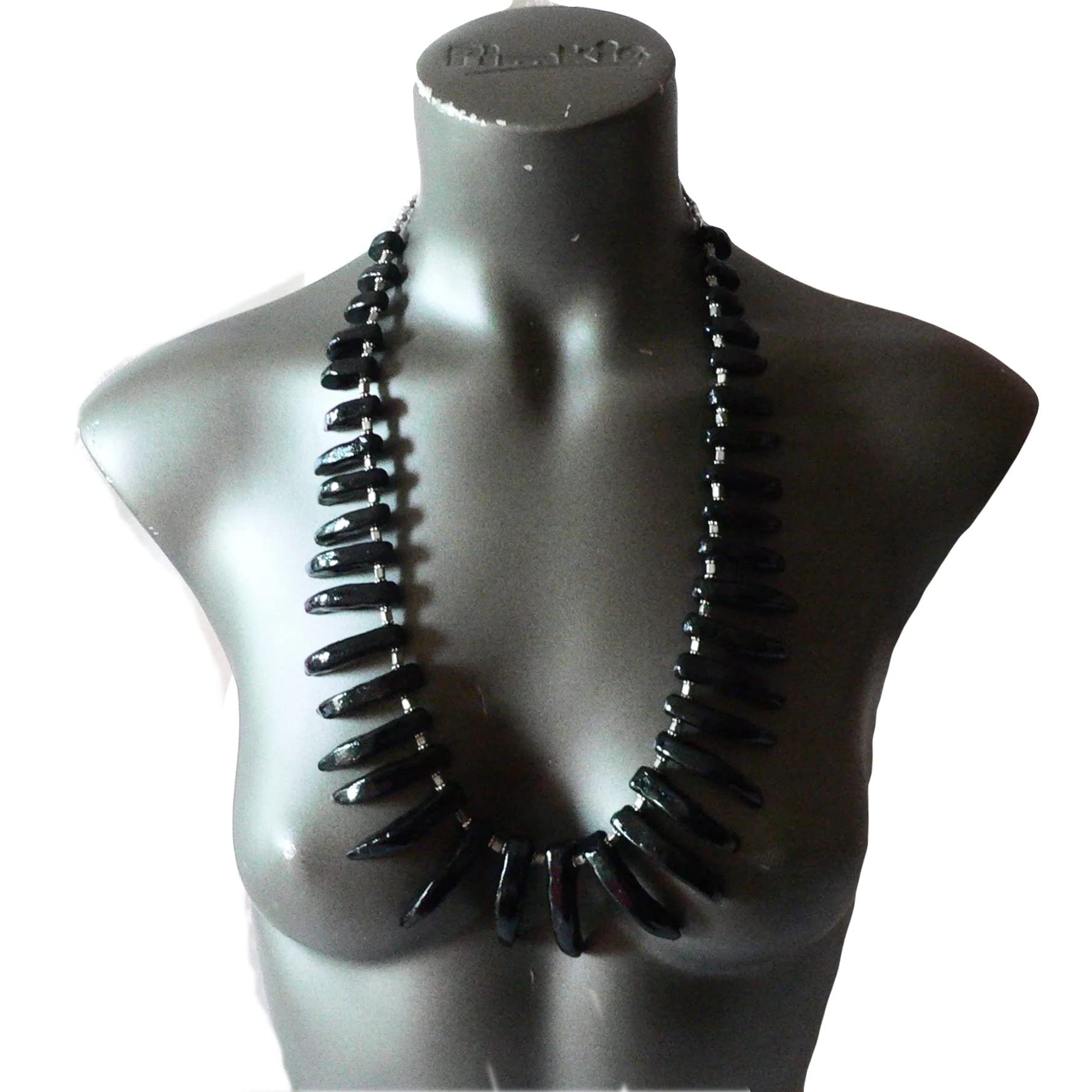 Elegant Long Claw-Shaped Ceramic Bead Necklace in Amethyst Black - Perfect for Boho Chic Outfits & Evening Wear