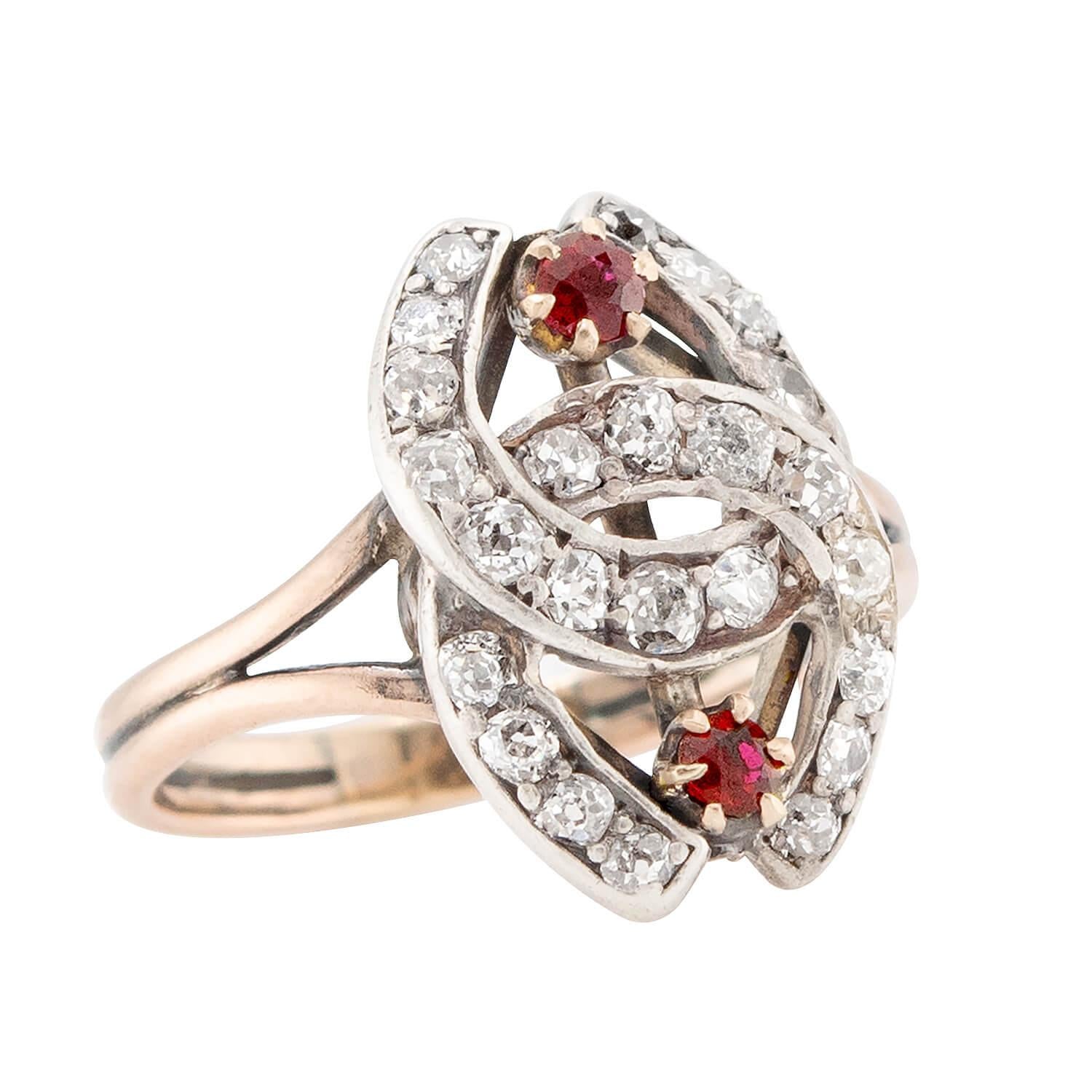 Victorian Style 14k Gold & Sterling Silver Diamond Ruby Double Horseshoe Ring - Elegant Jewelry for Women, Perfect for Weddings, Anniversaries & Special Occasions