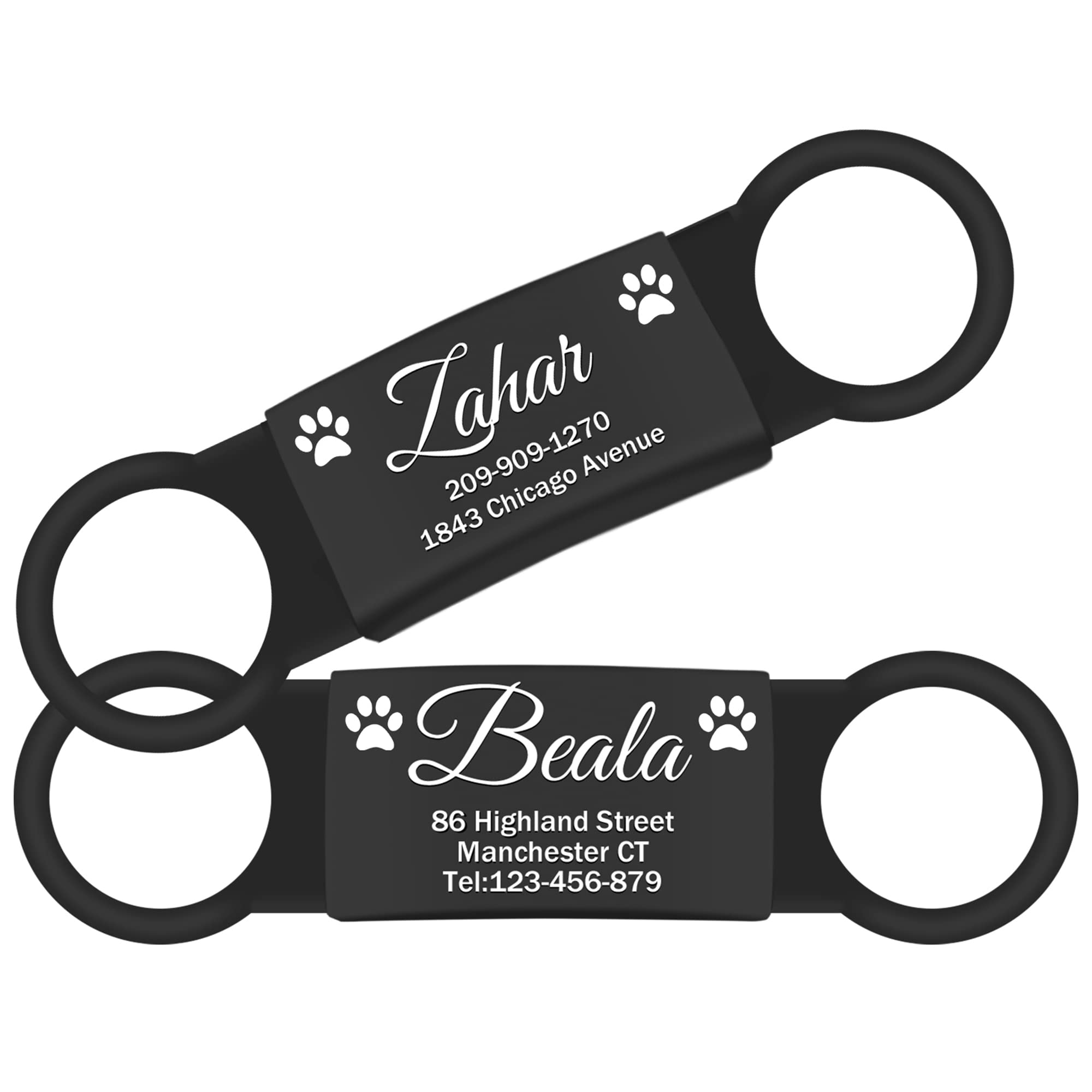 2 Pack Personalized Slide-On Dog Tags - No Jingle Stainless Steel Pet ID Tags with Custom Engraving - Silent Cat Collar ID for Pets (Black) - Perfect for Quiet Identification of Indoor/Outdoor Dogs & Cats