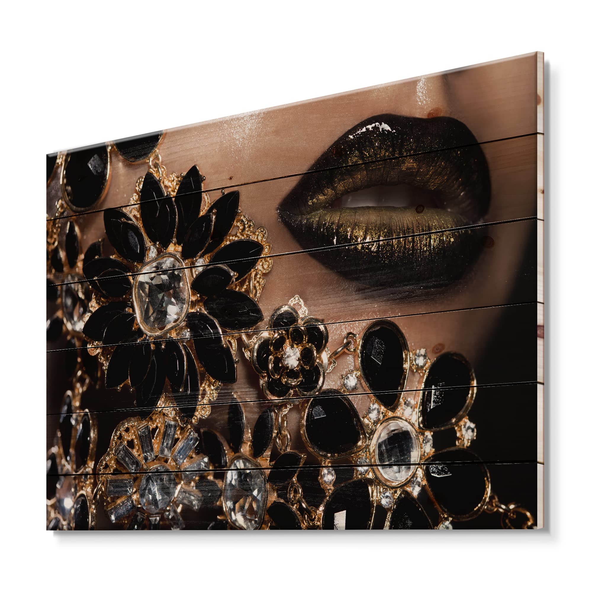 Modern Gold Jewelry Female Lips Wood Wall Art - Large Contemporary Black Wood Panel Decor Printed on Natural Pine - Perfect for Living Room, Bedroom, or Office Wall Decor