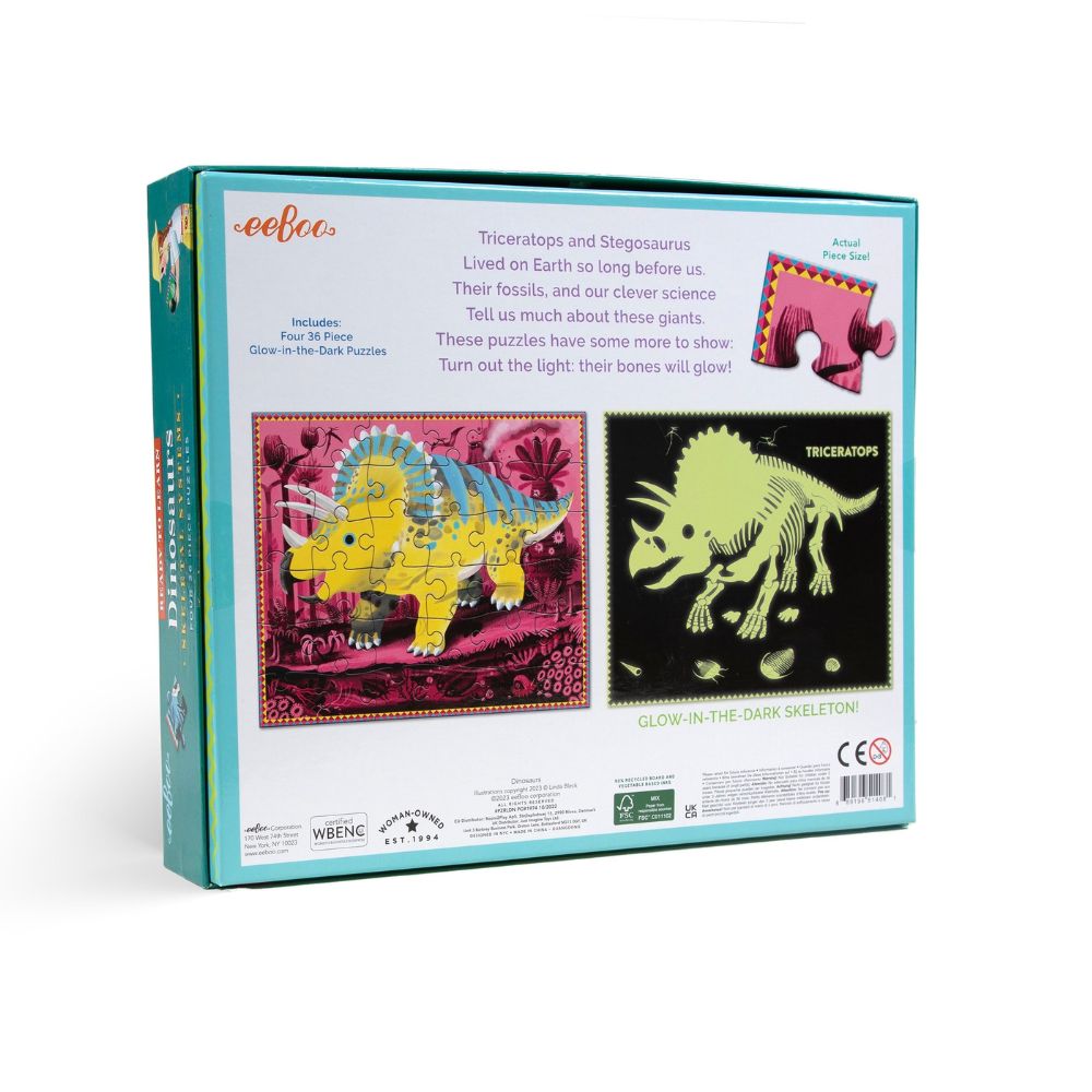 eeBoo Dinosaurs Ready to Learn 36-Piece 4 Puzzle Set - Glow in The Dark Educational Puzzles for Kids | Perfect for Bedtime, Playtime & Learning Activities