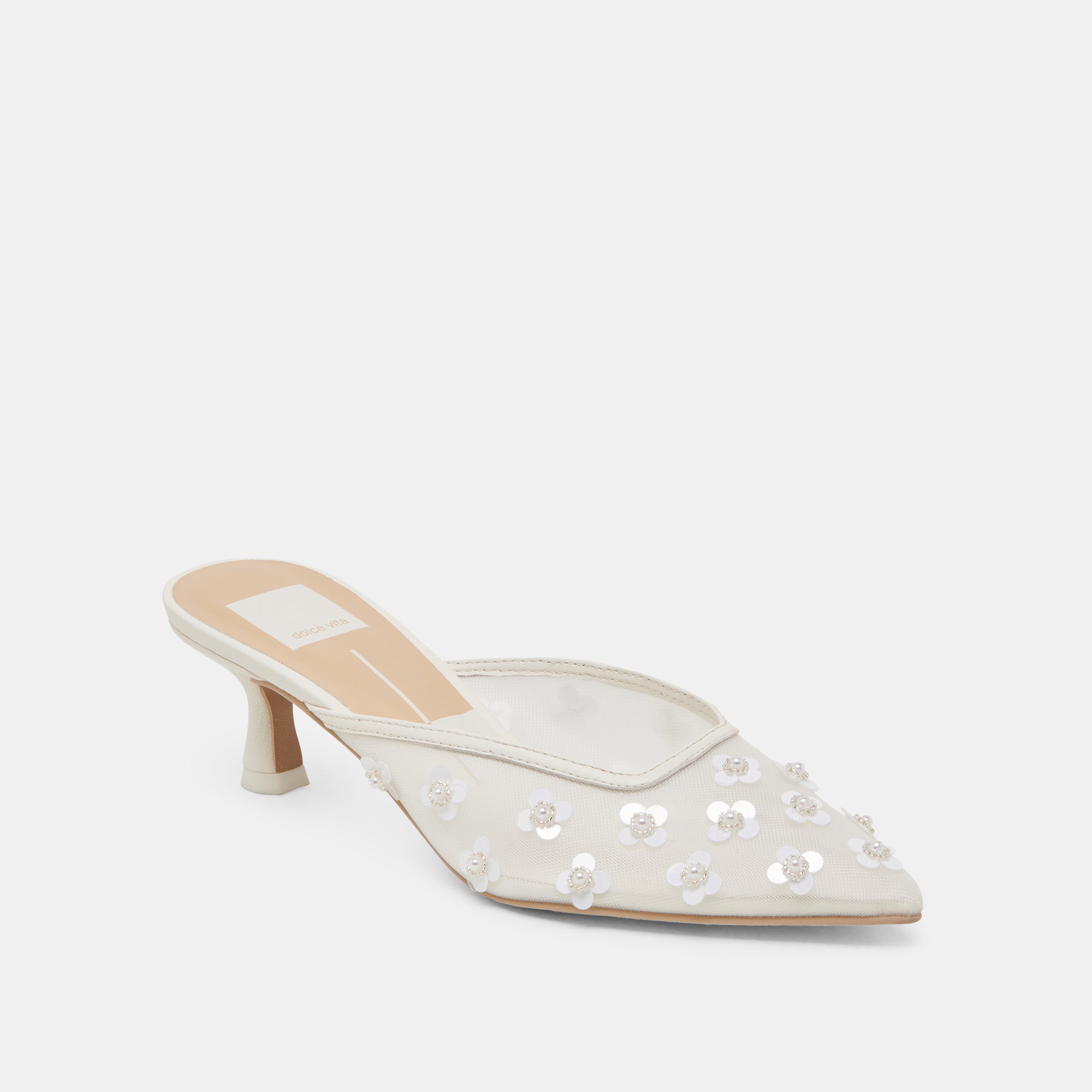 CLARA PEARL HEELS - Women's True White Daisy Mesh High Heels for Weddings, Parties & Special Occasions