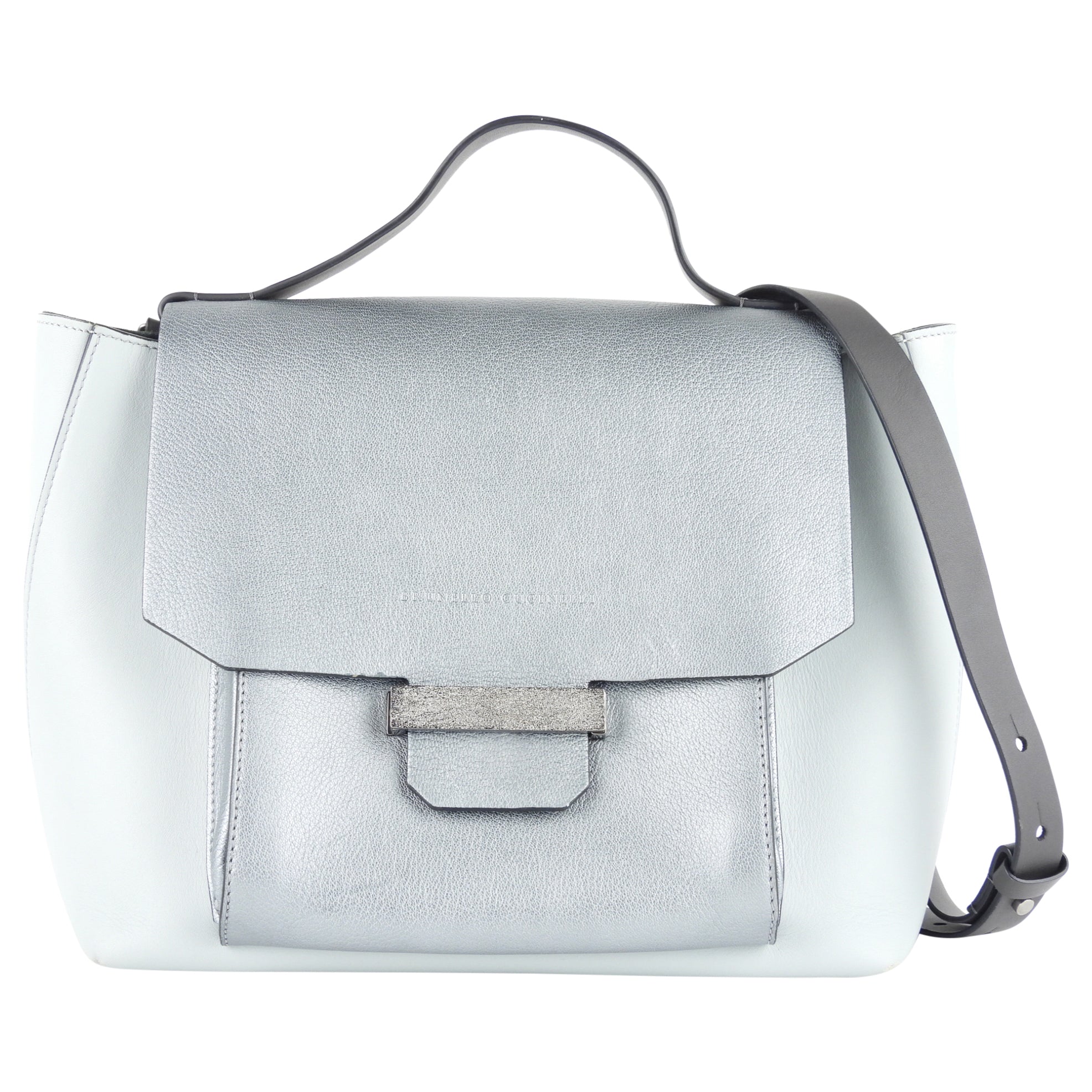 Brunello Cucinelli Pale Blue Metallic Leather Satchel Bag for Women - Luxury Designer Handbag for Work, Travel & Everyday Use
