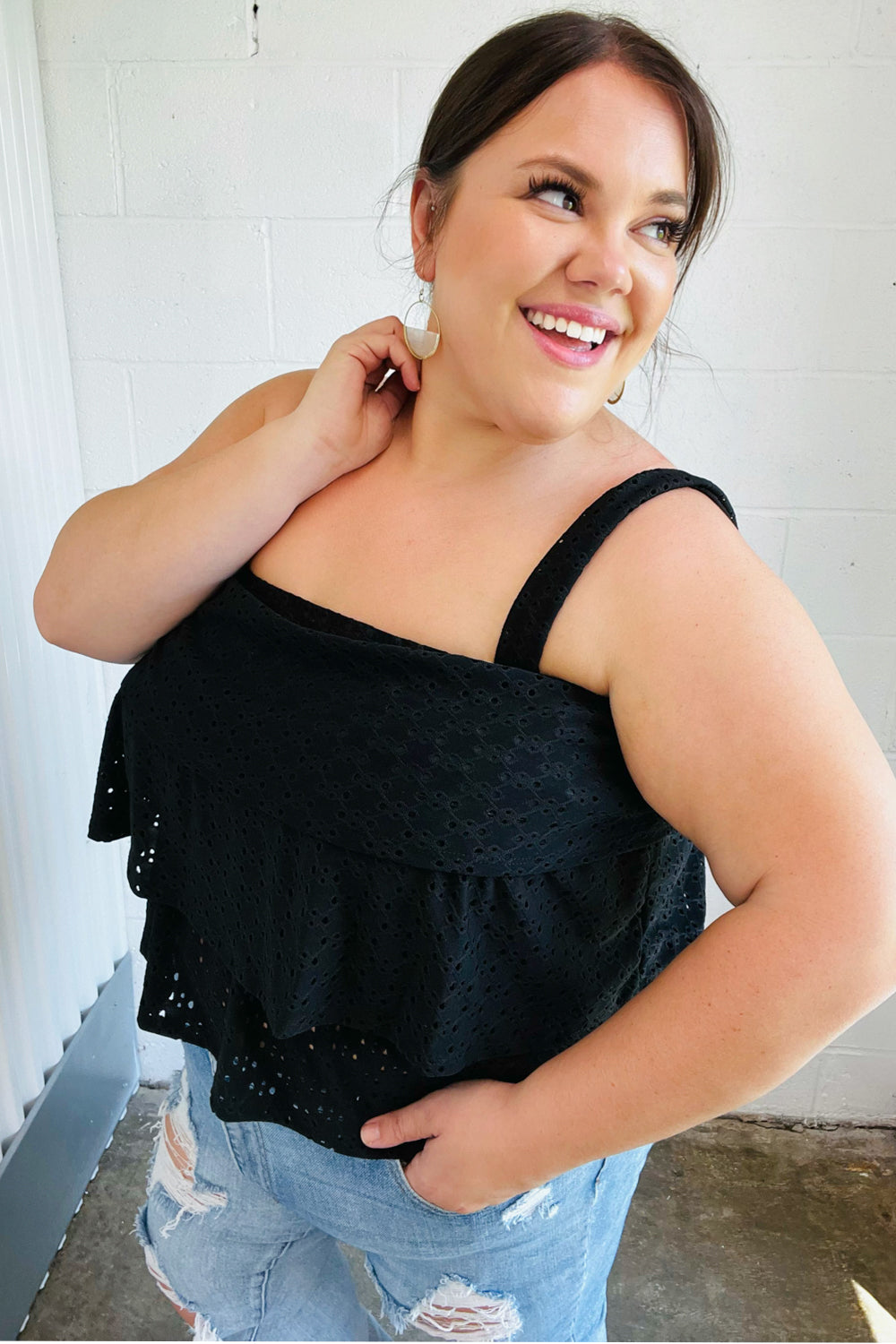 Black Eyelet Tiered Sleeveless Lined Top for Women - Summer Boho Chic Blouse - Perfect for Beach Vacations, Date Nights & Casual Outings