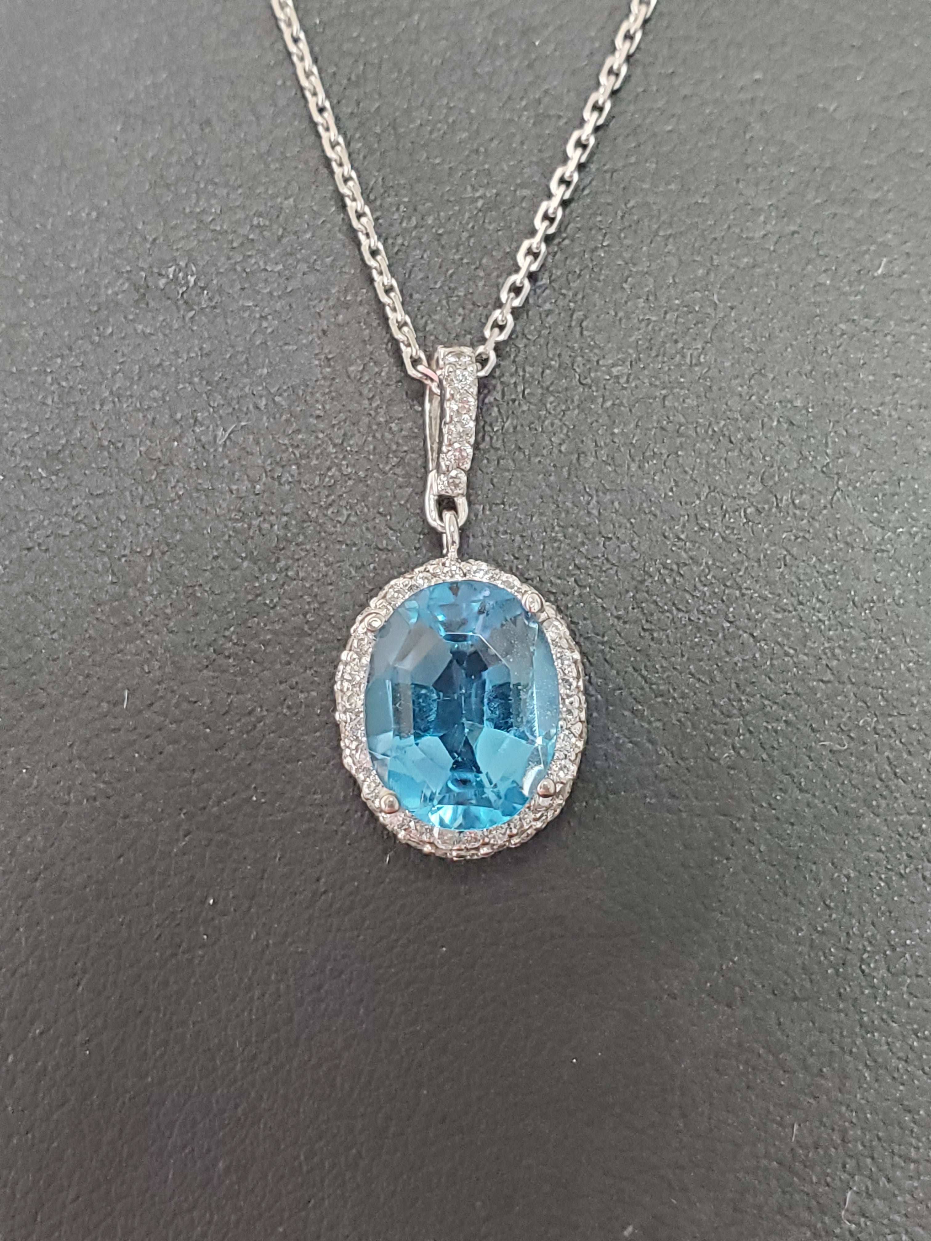 14k White Gold Blue Topaz Diamond Halo Necklace - Elegant Jewelry Gift for Women, Perfect for Anniversary, Birthday & Special Occasions