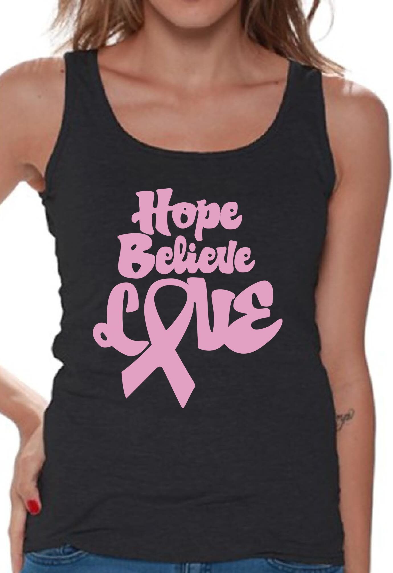 Women's Hope Believe Love Tank Top - Inspirational Breast Cancer Awareness Shirt with Free Bookmark - Perfect for Survivors, Supporters & Fundraising Events