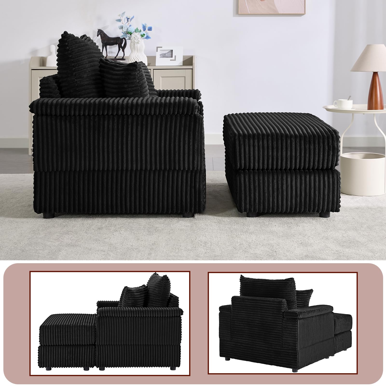 Oversized Chaise Lounge Chair with Ottoman - Reclining Upholstered Corduroy Sofa for Living Room, Comfy Sleeper Chair in Black (42.5