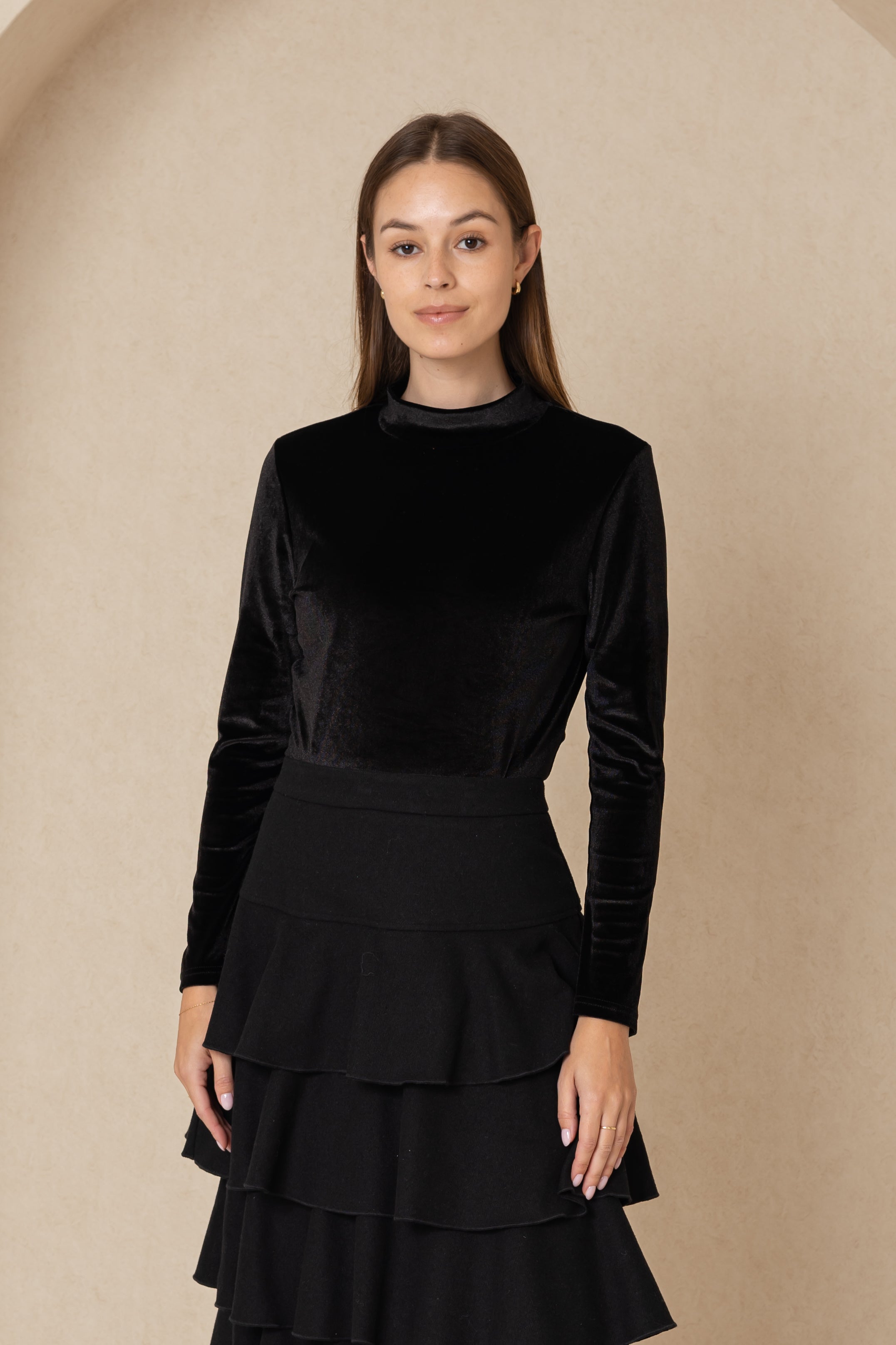 Black Velvet Mock Neck Top for Women - Elegant Long Sleeve Turtleneck Blouse for Fall & Winter | Perfect for Office, Date Night & Holiday Parties