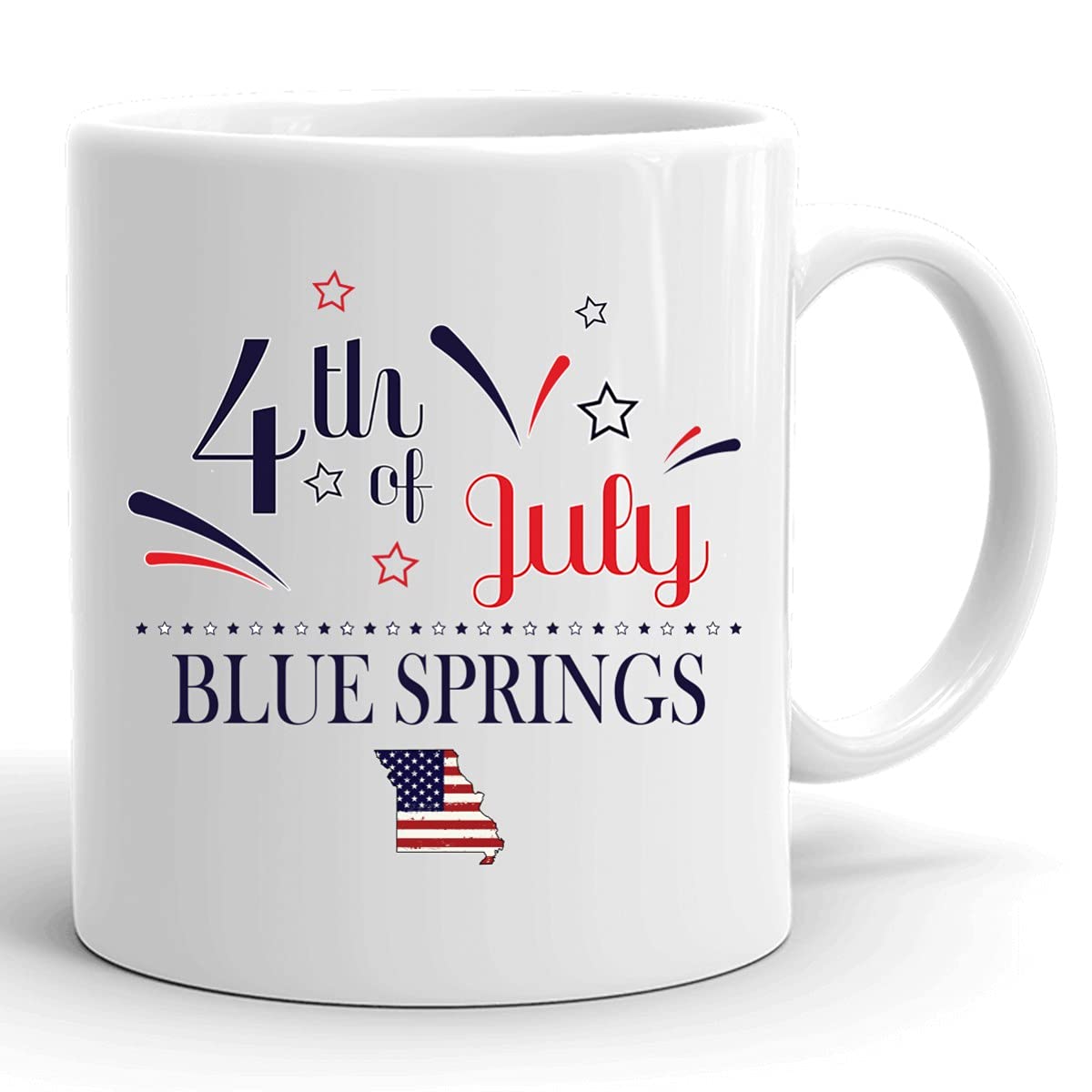 Personalized 11oz Coffee Mug with USA Flag Design - Custom Independence Day Cup for Blue Springs Missouri - Happy 4th of July Gift - White Ceramic Travel Mug for Office, Home & Patriotic Celebrations