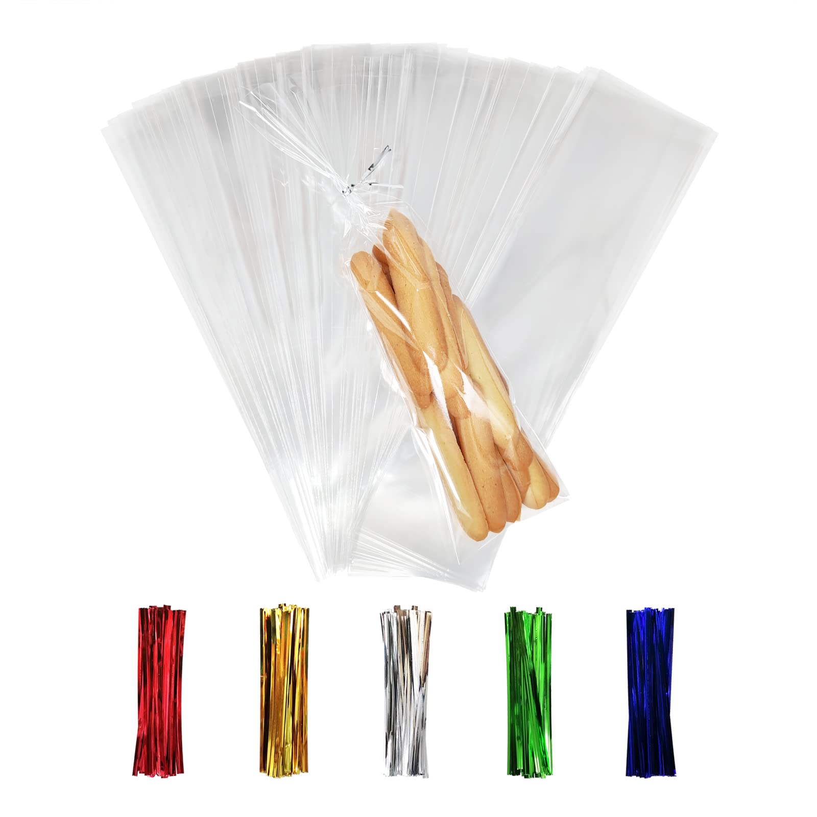 100PCS Clear Cellophane Bags 3x11 Inches with 4’’ Twist Ties - 1.4 Mil Thick OPP Plastic Treat Bags for Candy, Cookies, Cake Pops, Rice Crispy Treats | Perfect for Gift Wrapping, Party Favors, Birthday Goodie Bags & Holiday Treats