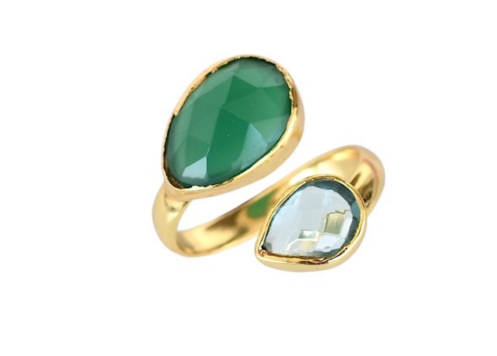 18K Gold Plated Green Onyx & Blue Topaz Ring for Women | Elegant Gemstone Jewelry | Perfect Birthday Gift & Bridesmaid Present | VR-085 | Wear for Special Occasions, Date Nights & Formal Events