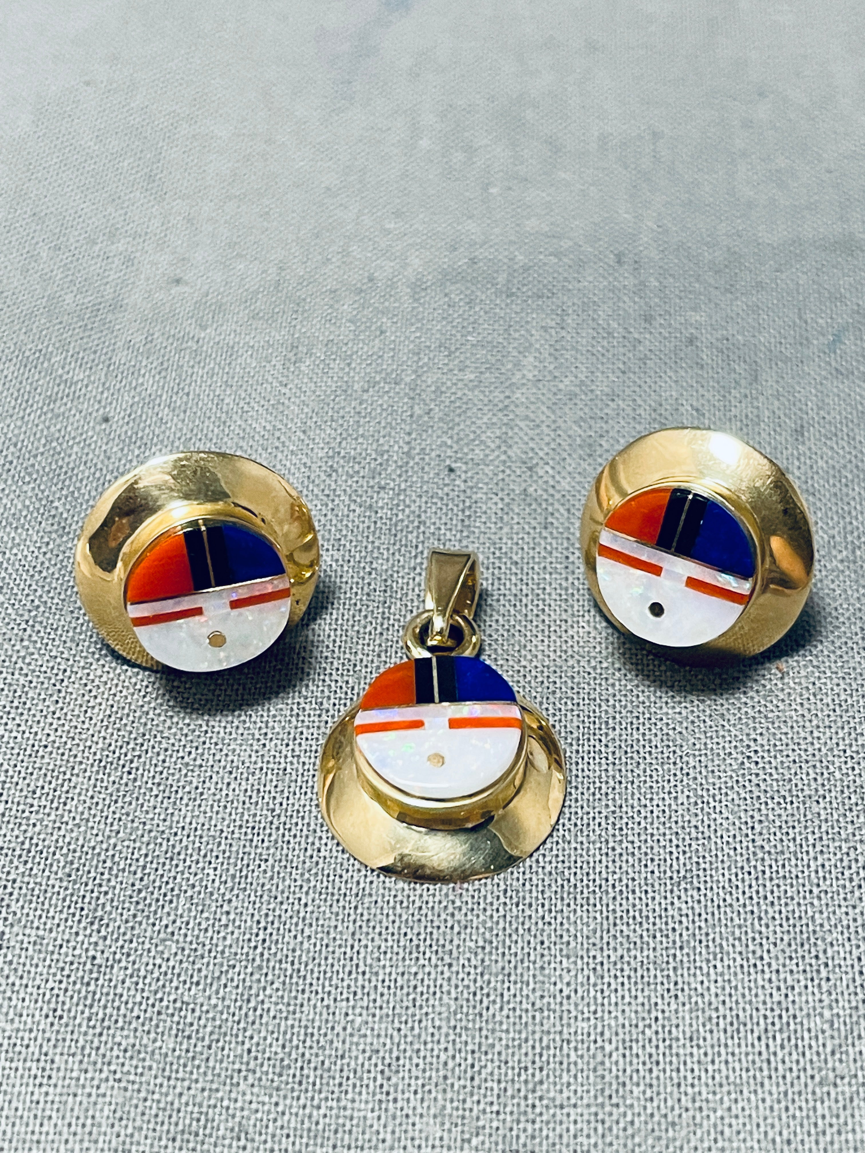 14K Gold Vintage Native American Navajo Coral Lapis Inlay Opal Earrings & Pendant Set - Handmade Southwest Jewelry for Women, Boho Chic Accessories for Parties & Special Occasions