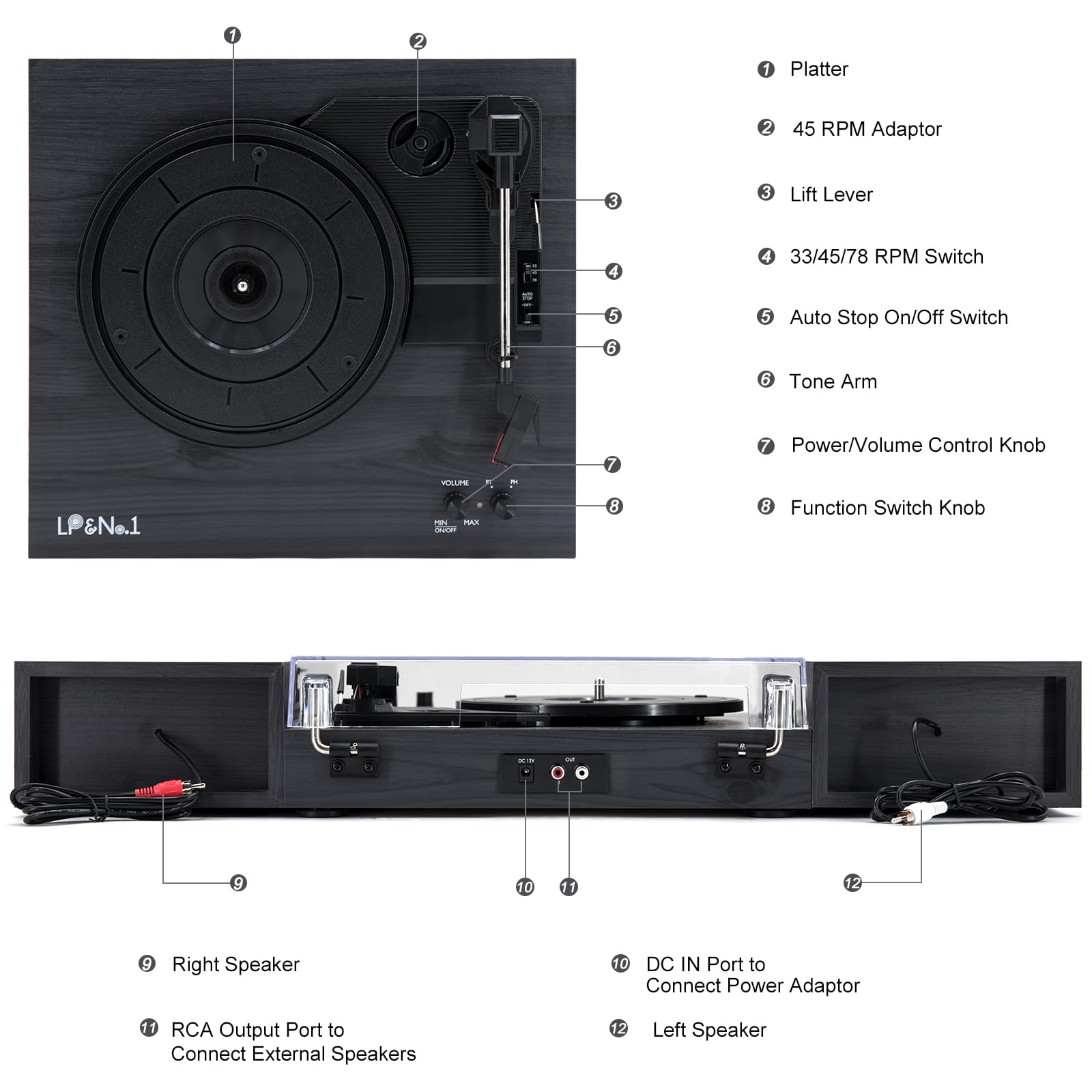 LP&No.1 Vintage Wood Finish 3-Speed Belt-Drive Turntable with Stereo Bookshelf Speakers - Wireless Input, RCA Output, Auto Stop | Black Gray - Perfect for Home Entertainment & Vinyl Collection Display