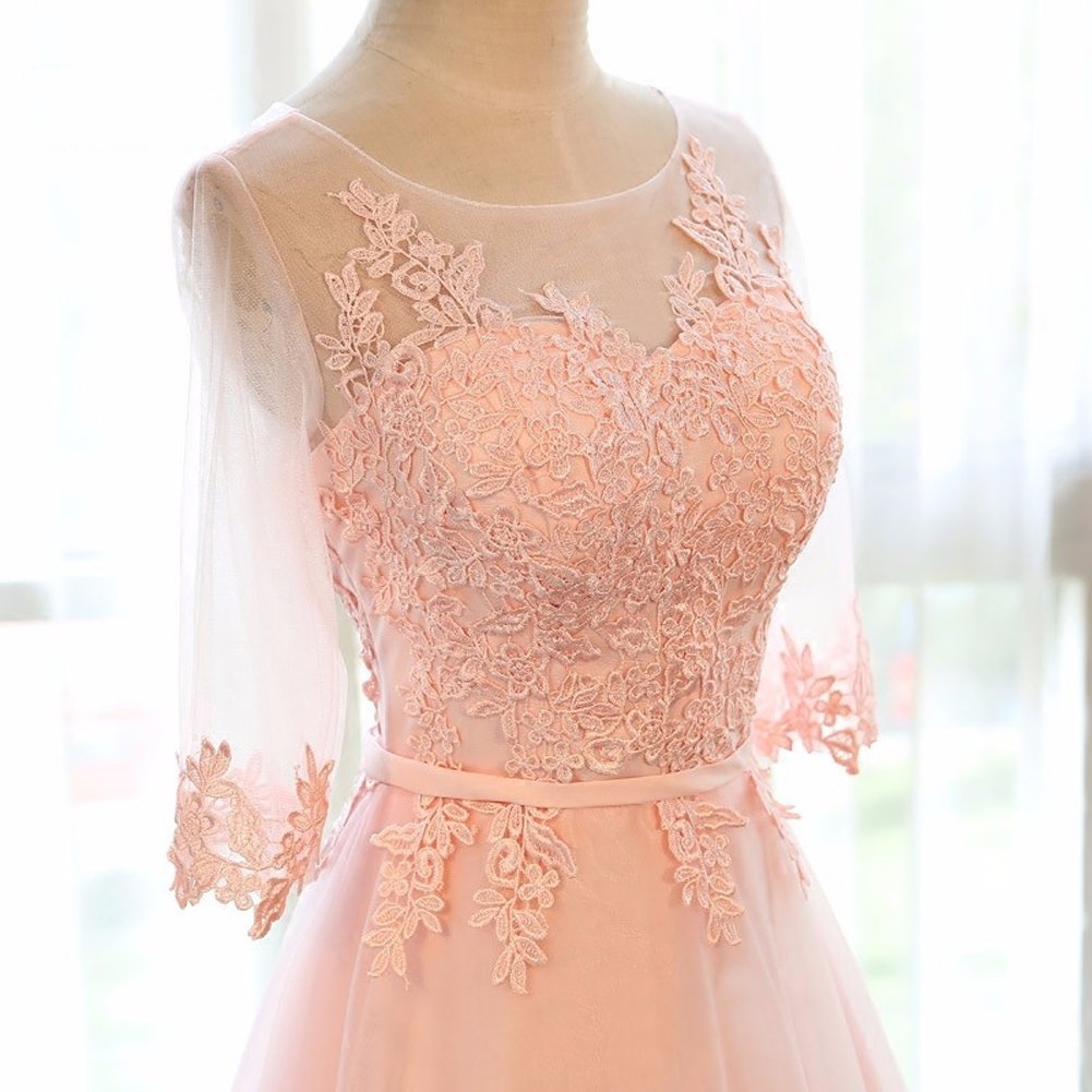 Kivary® Peach-Pink Sheer Half Sleeves A-Line Corset Prom Evening Dress for Women - Elegant Formal Gown for Homecoming, Wedding, and Special Occasions