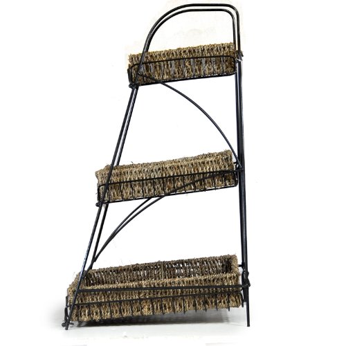 Lucky Clover Tristan Triple Tiered Square Display Stand with Handwoven Seagrass Baskets - Rustic Home Decor for Bathroom, Kitchen, or Living Room Organization