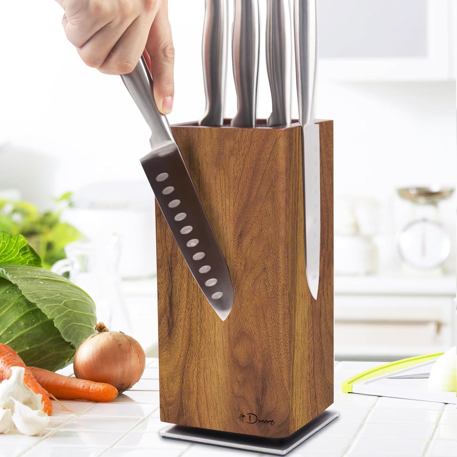 Dmore 360° Rotating Magnetic Knife Block - Extra Large Acacia Wood Knife Holder Stand for Kitchen Countertop | Knife Storage for Chefs & Home Cooks | Perfect for Organizing Knives, Scissors & Utensils