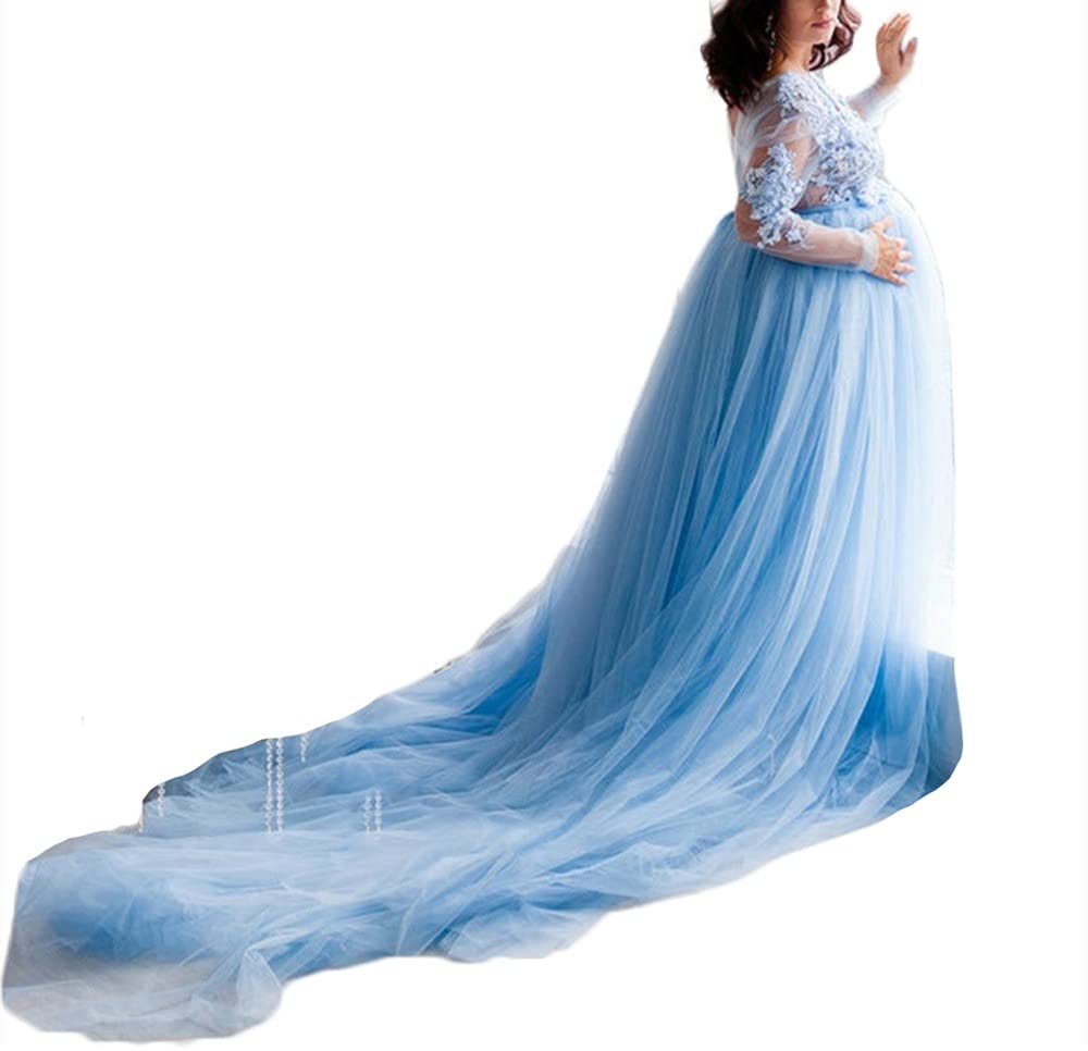 Elegant Maternity Tulle Bathrobe Dress for Photoshoot - Sexy V-Neck Long Lace Gown with Flowing Train | Perfect for Maternity Photos, Bridal Shower & Boudoir Photography