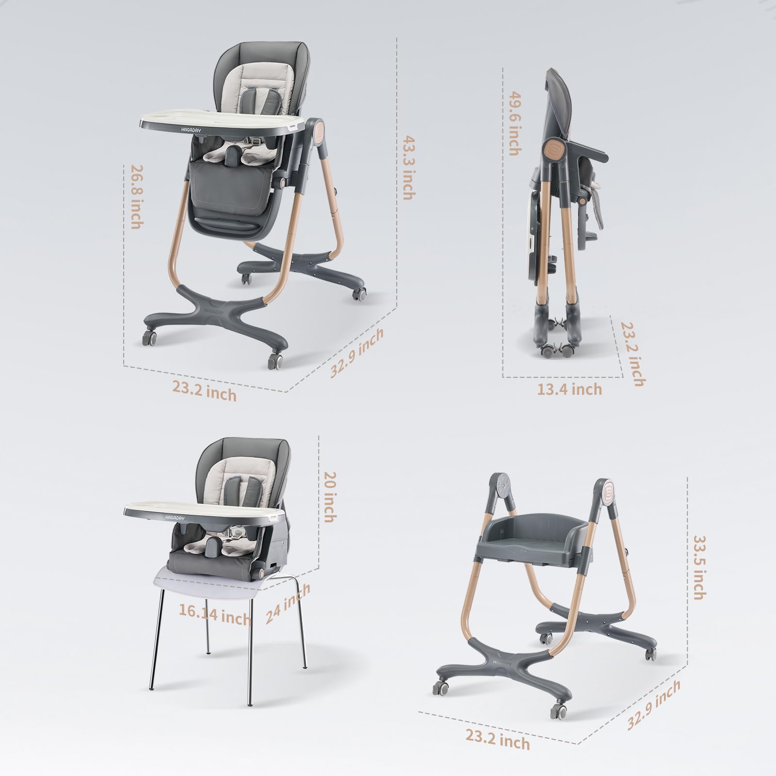 6 in 1 Convertible Baby High Chair with Tray - Foldable Toddler Booster Seat for Dining Table, Portable Feeding Chair with 4 Wheels & Dishwasher Safe Tray (Gold-Grey) - Perfect for Home, Restaurant & Travel Use