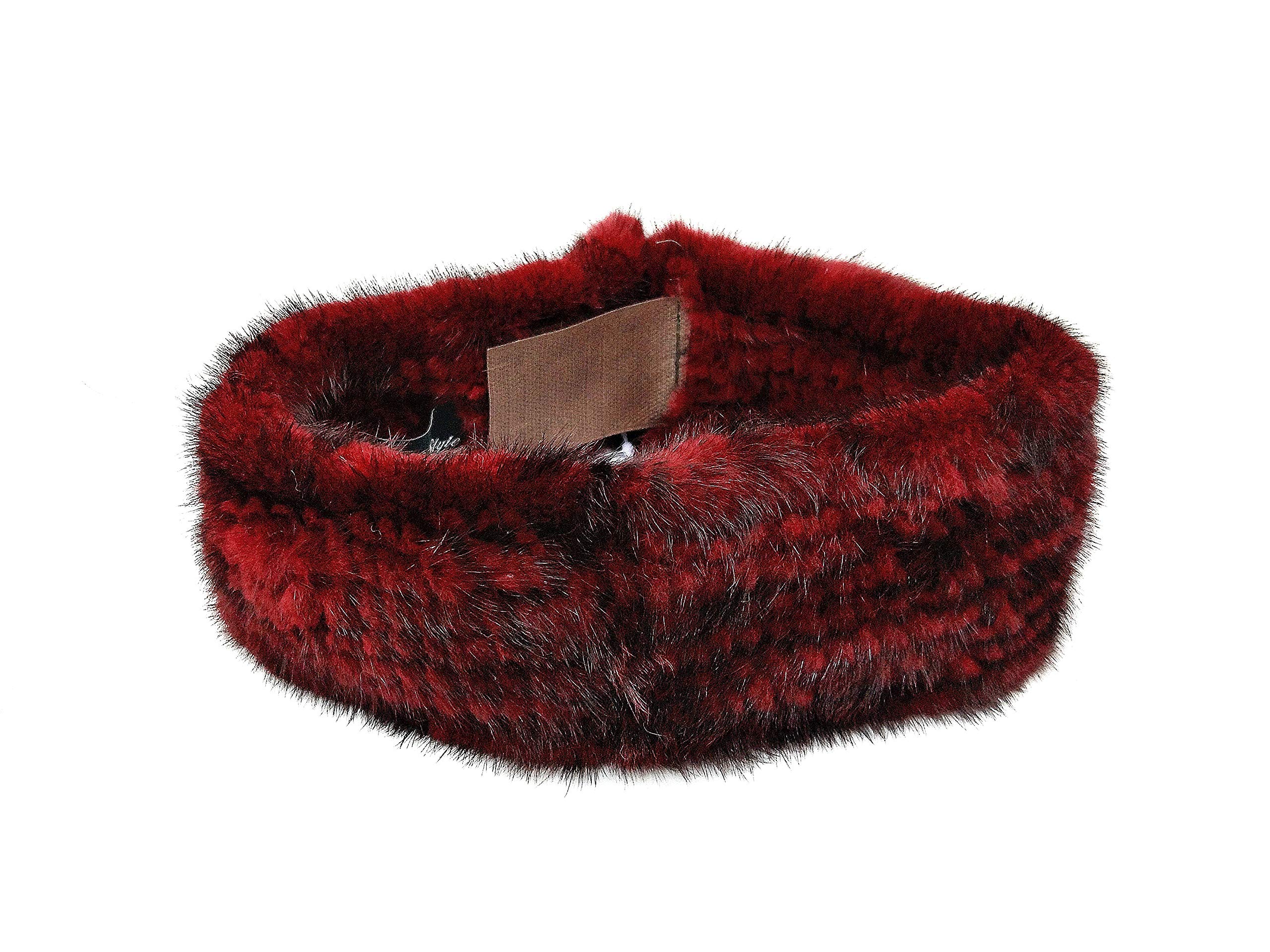 100% Mink Fur Knitted Headband & Neck Warmer - 23 Inch Adjustable Velcro Closure (Burgundy) | Winter Accessory for Women, Outdoor Sports & Cold Weather Fashion