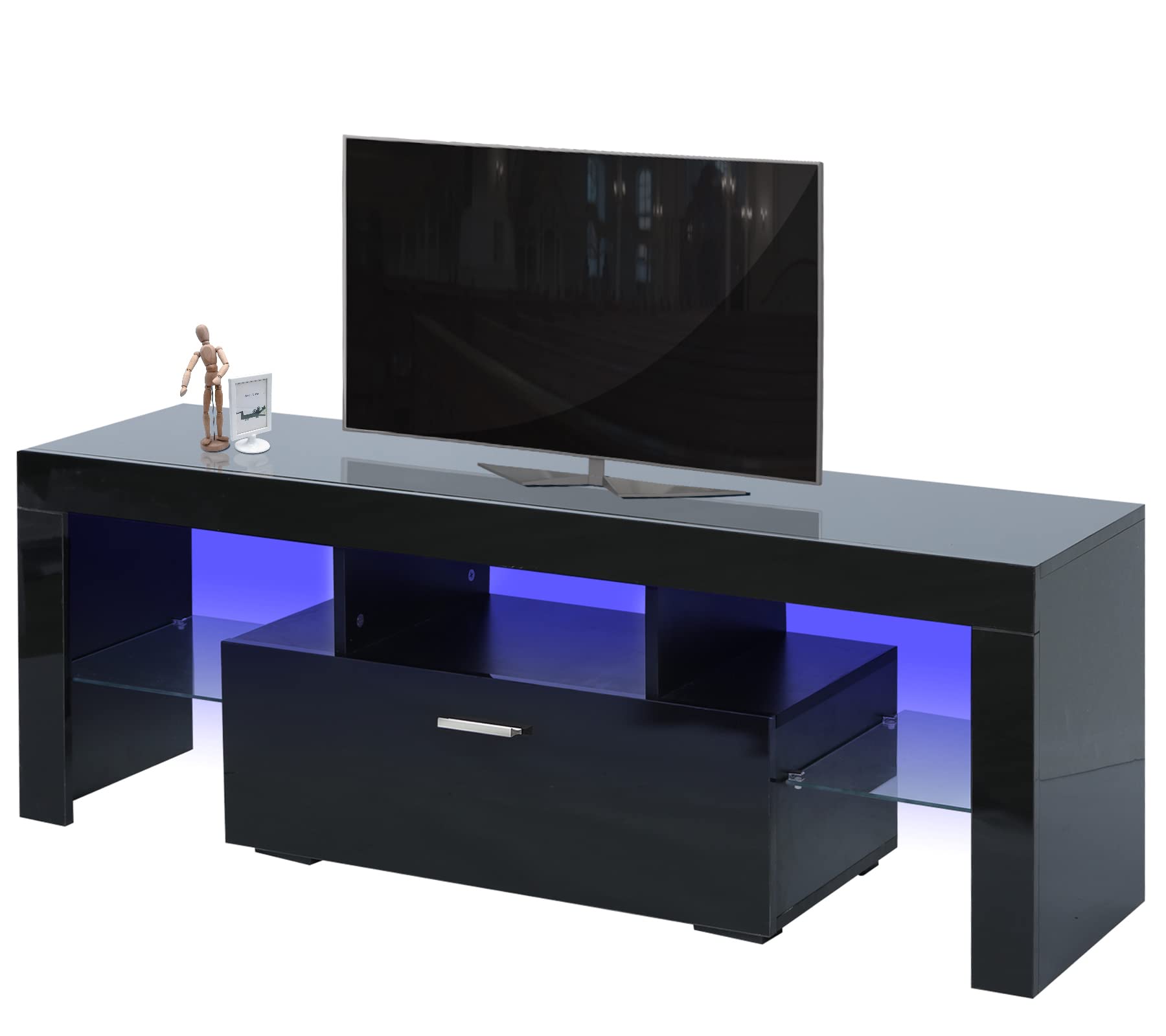 20-Minute Quick Assemble Black TV Stand for 32-55 Inch TVs - Modern Low Profile Entertainment Center with LED Lights & Storage - Perfect for Living Room, Bedroom, or Home Theater Setup