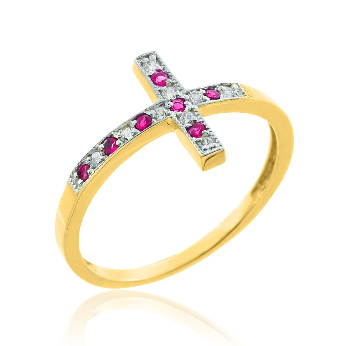10K Yellow Gold Sideways Cross Ring with White & Red CZ Stones - Elegant Religious Jewelry for Women, Perfect for Gifts, Church, Weddings & Everyday Wear