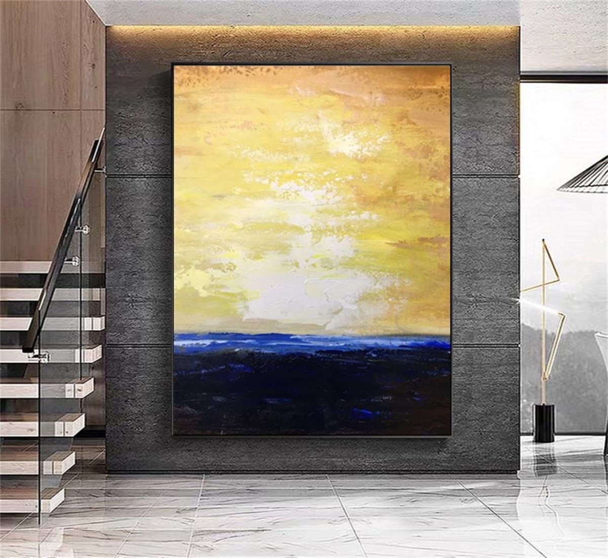 Large Blue Ocean Abstract Painting - Handmade Canvas Wall Art with Yellow Sky & Waves - Perfect for Living Room, Bedroom & Office Decor