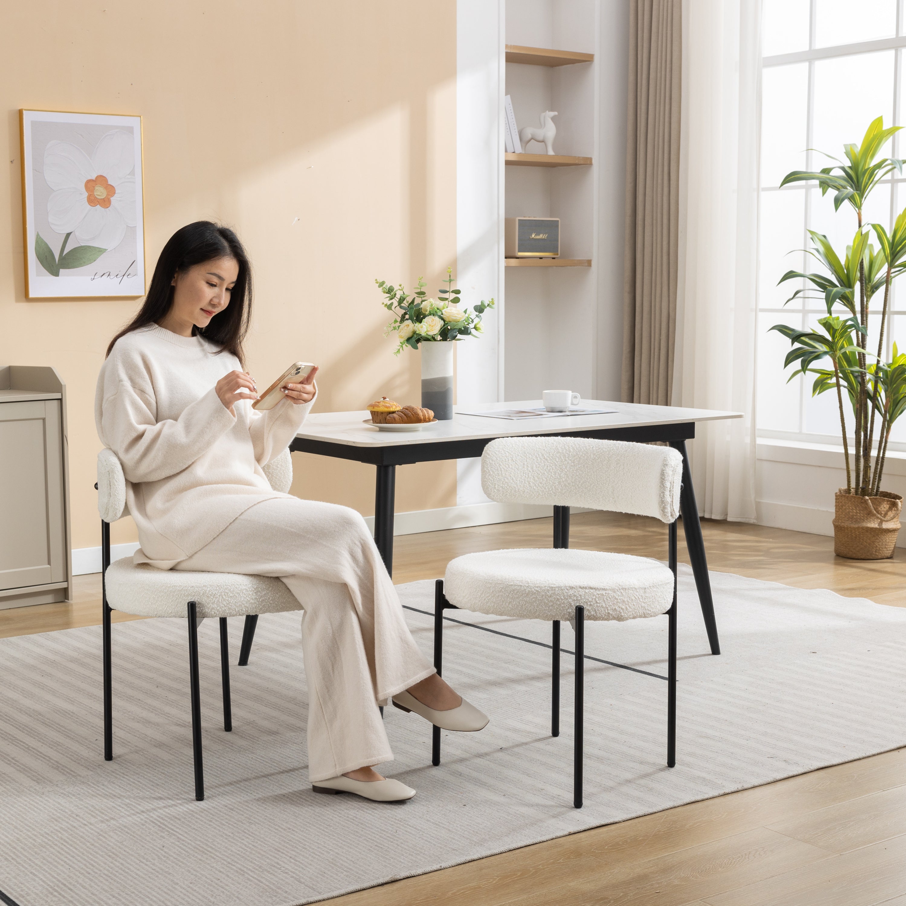 Burbank Modern Round Boucle Dining Chairs Set of 2 - White Upholstered Accent Chairs for Kitchen, Dining Room, or Breakfast Nook