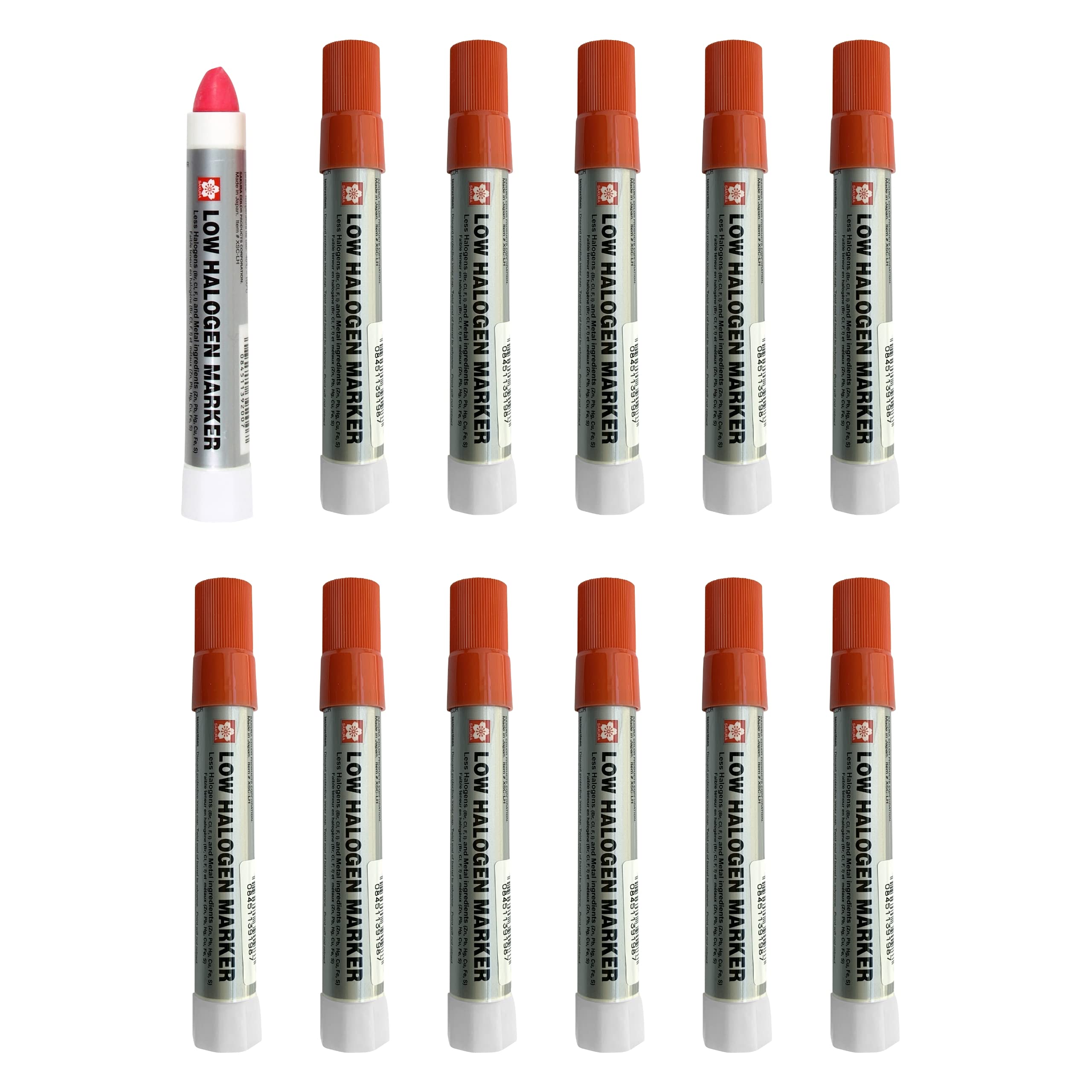 Sakura Low Halogen Solid Paint Markers - 12 Pack Permanent Marker Pens with Twist-Up Tip for Steel, Metal, Wood & Glass - Vibrant Red Paint for DIY Crafts, Industrial Labeling & Art Projects