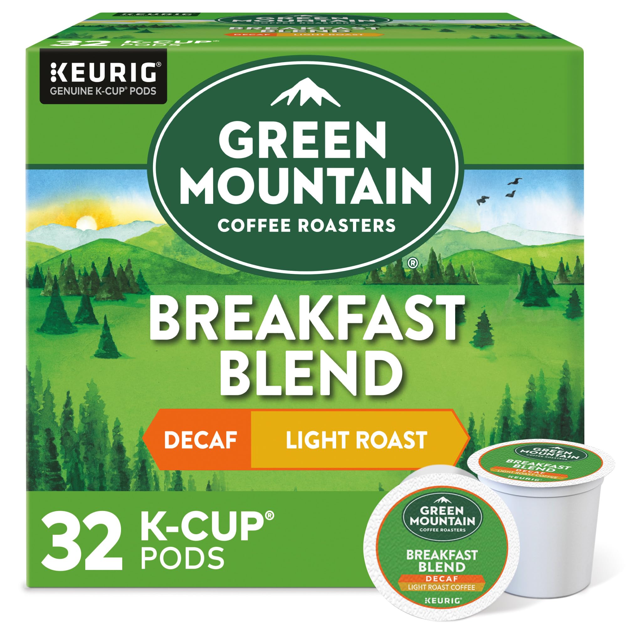Green Mountain Coffee Roasters Decaf Breakfast Blend K-Cup Pods - Light Roast Single-Serve Coffee for Keurig Brewers (32 Count) | Perfect for Morning Routines & Office Coffee Breaks