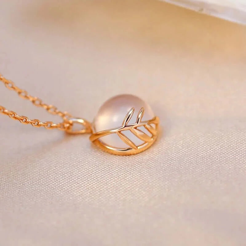 Blush Pink Rose Quartz Leaf Pendant Necklace - Elegant Healing Crystal Jewelry for Women | Perfect for Valentine's Day Gifts, Spiritual Healing & Everyday Wear | TB1082